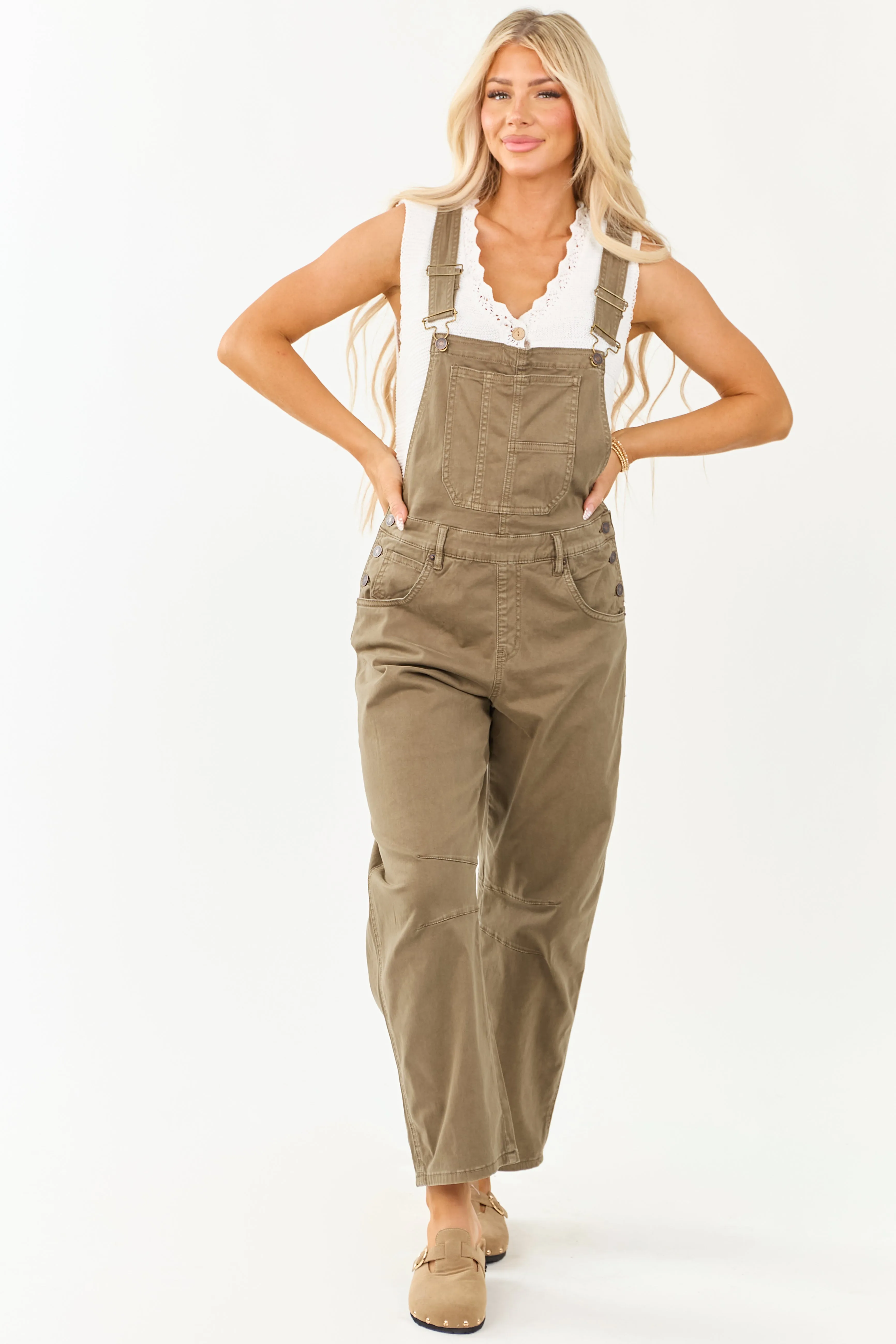 Mica Denim Olive Soft Tapered Wide Leg Overalls sold by Lime Lush product image thumbnail 2