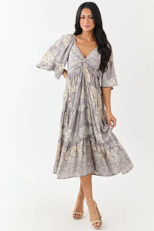 Steel Floral Print Bust Twist Flare Sleeve Midi Dress sold by Lime Lush