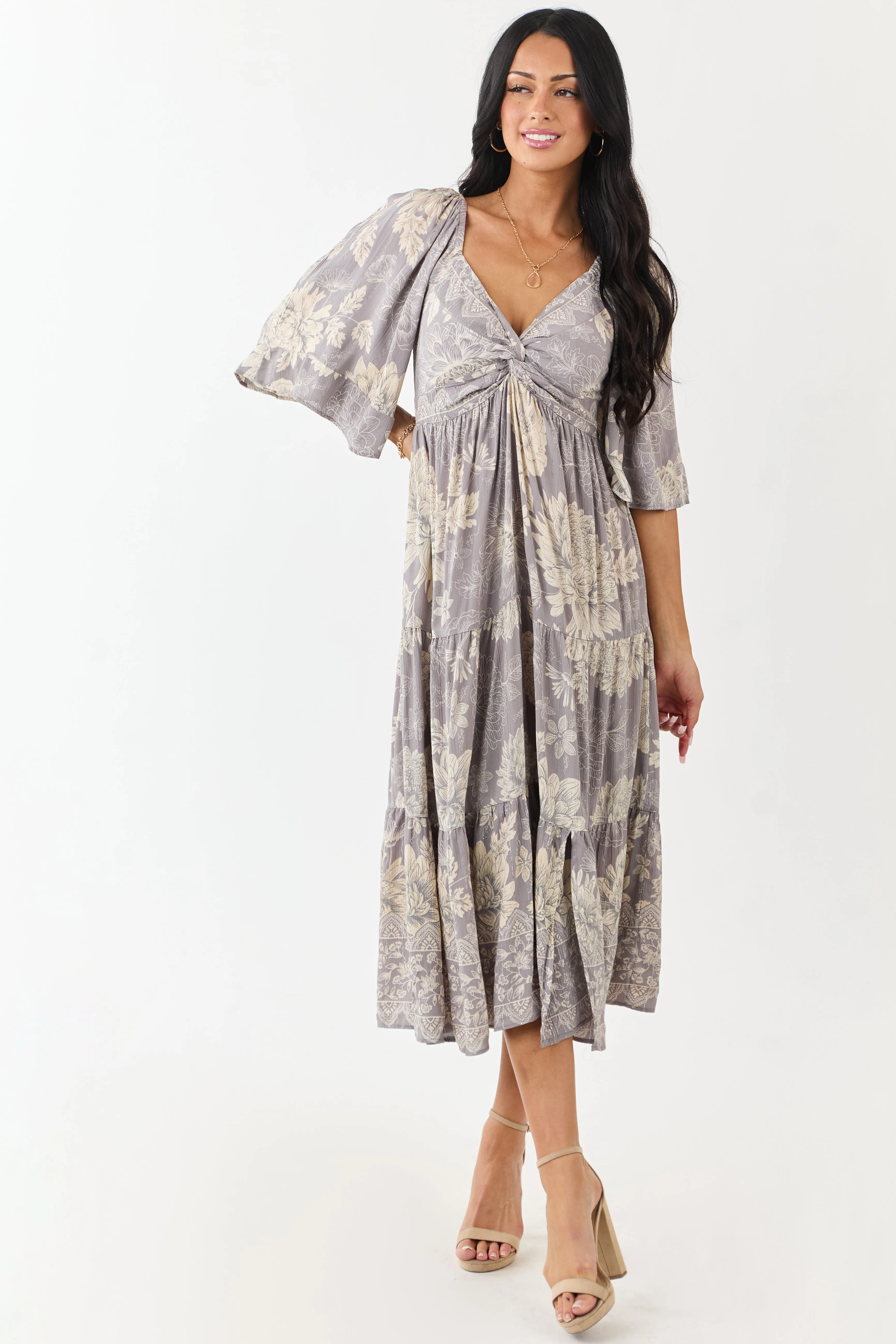 Steel Floral Print Bust Twist Flare Sleeve Midi Dress sold by Lime Lush product image thumbnail 3
