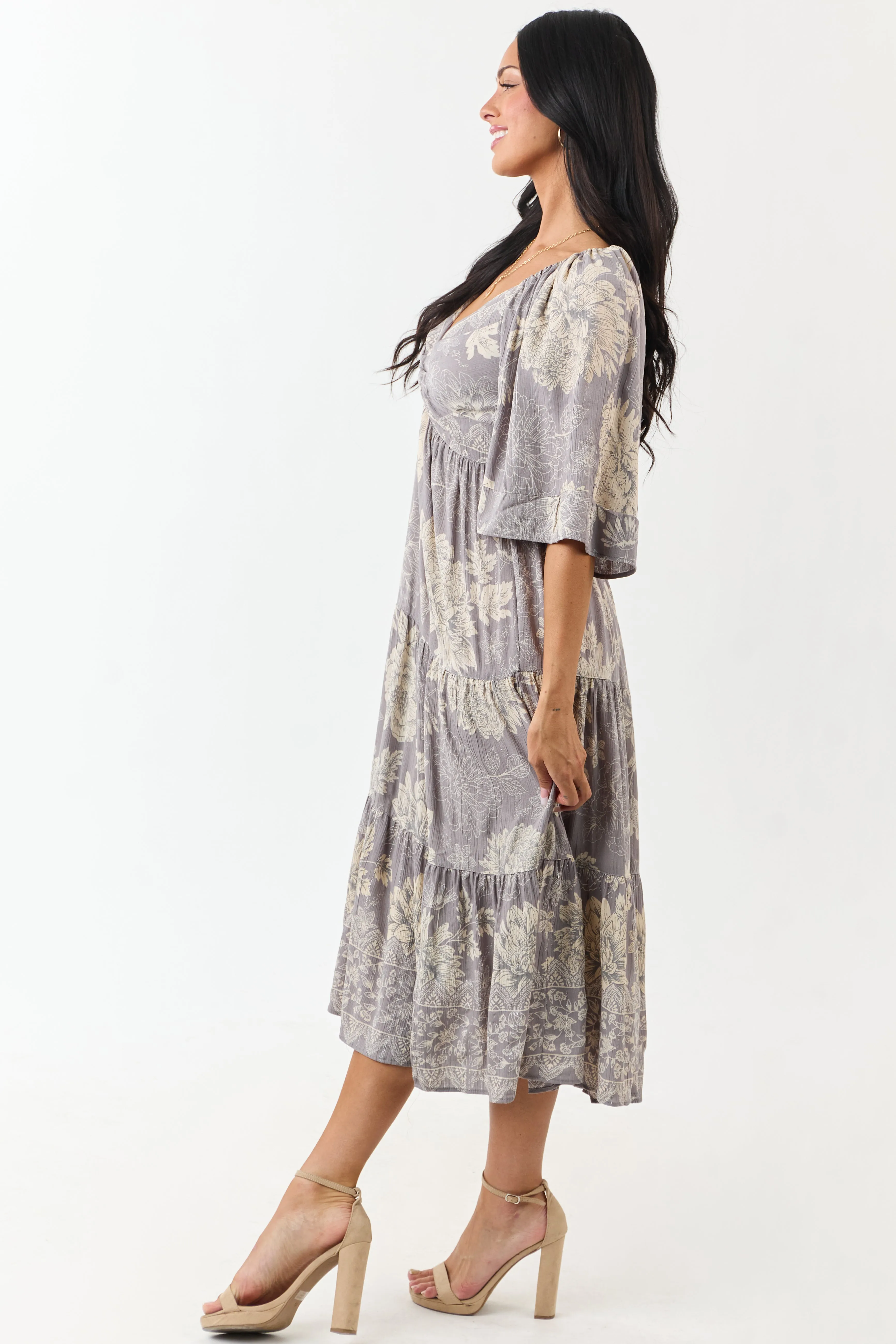 Steel Floral Print Bust Twist Flare Sleeve Midi Dress sold by Lime Lush product image thumbnail 5