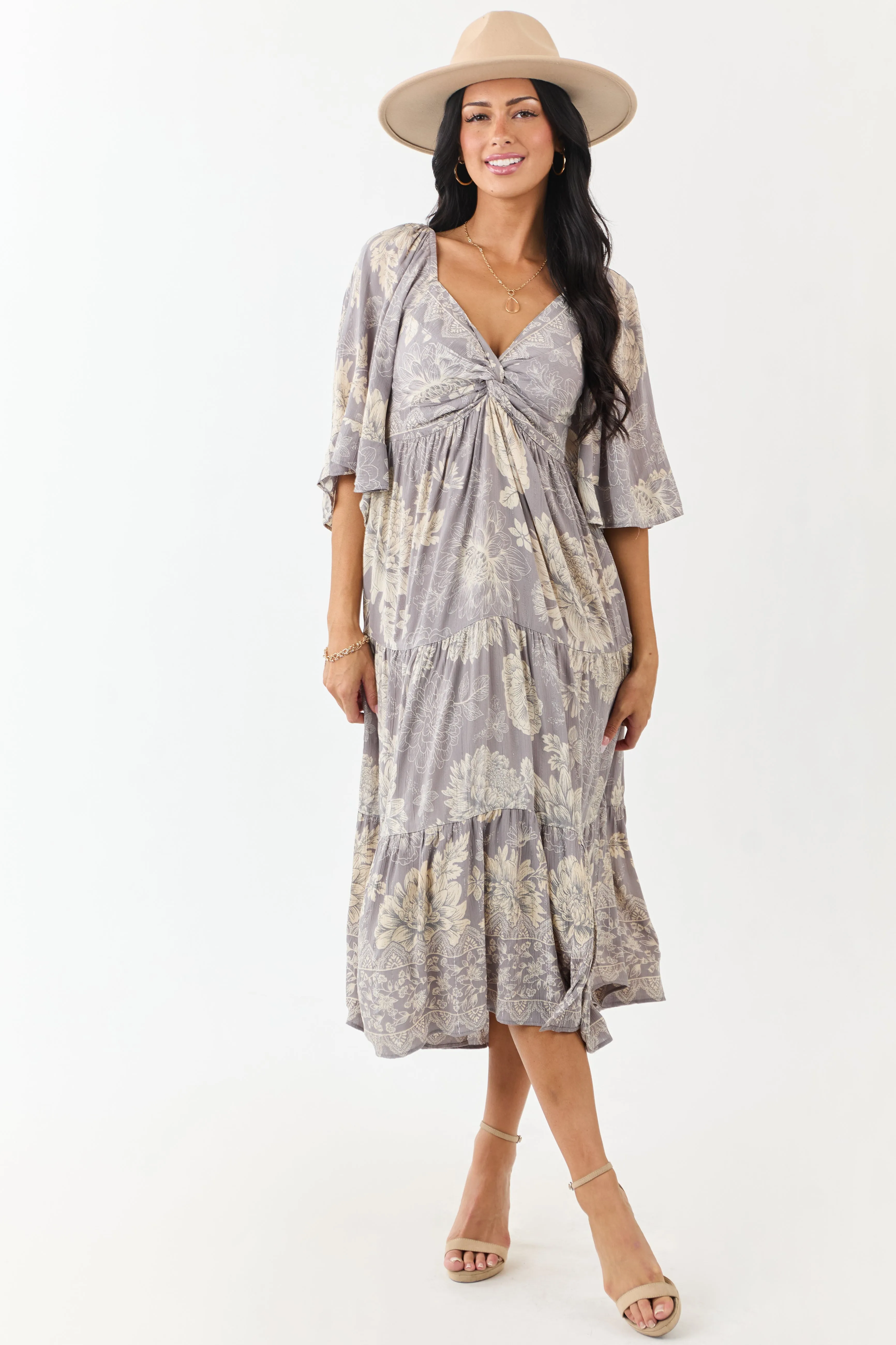 Steel Floral Print Bust Twist Flare Sleeve Midi Dress sold by Lime Lush product image thumbnail 4