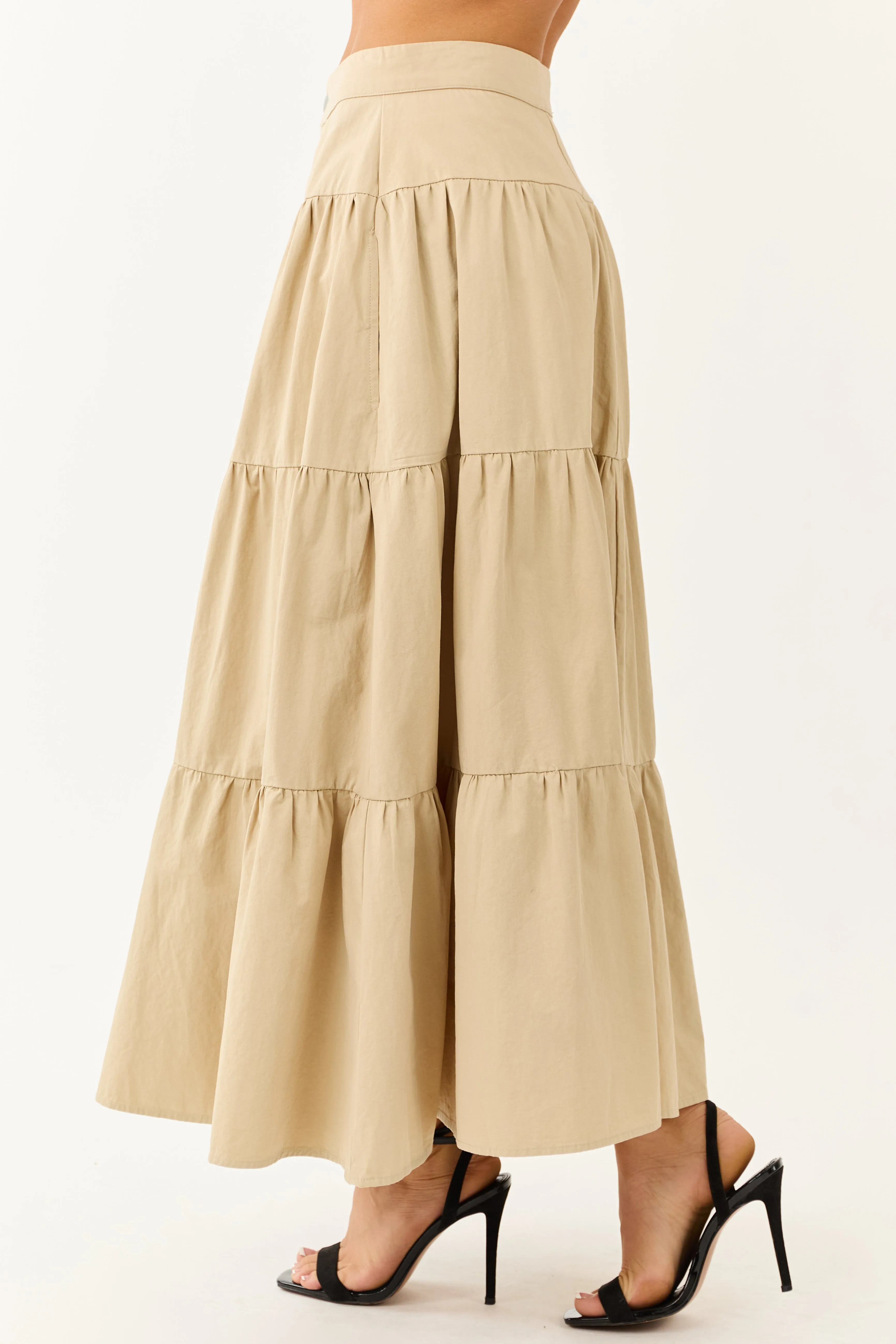 Sand Button Fly Tiered Cotton Maxi Skirt sold by Lime Lush product image thumbnail 3