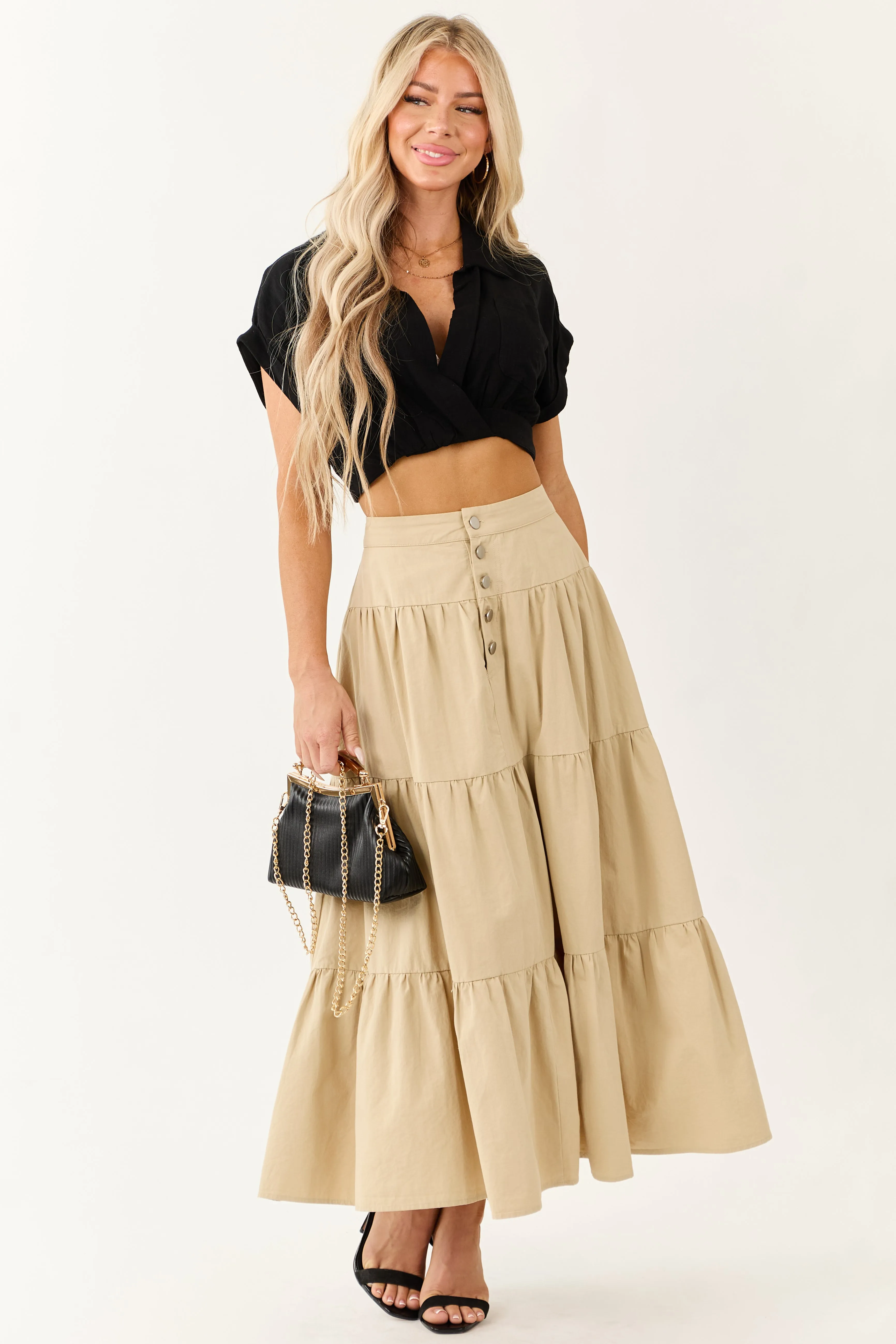 Sand Button Fly Tiered Cotton Maxi Skirt sold by Lime Lush product image thumbnail 5