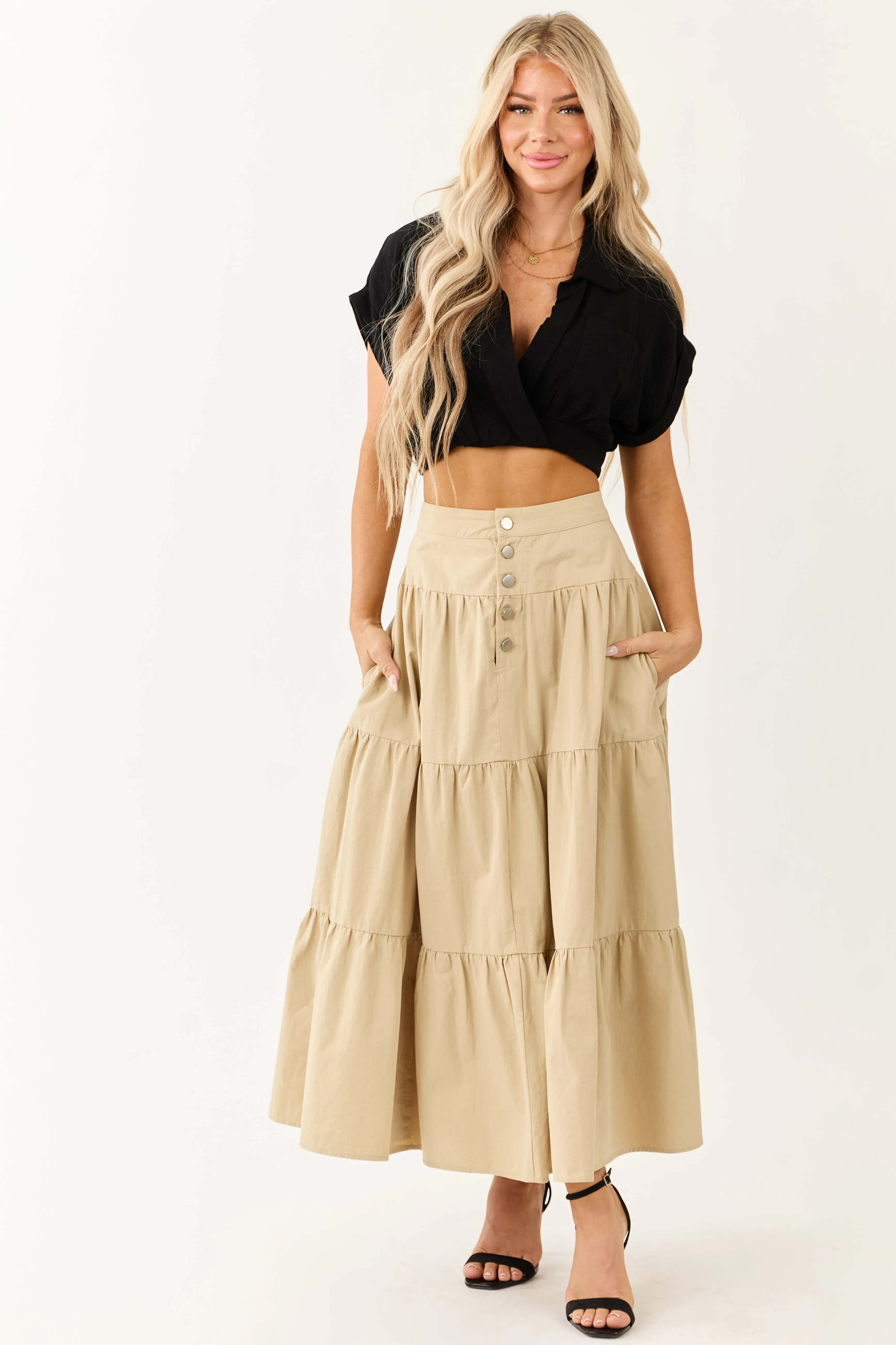 Sand Button Fly Tiered Cotton Maxi Skirt sold by Lime Lush