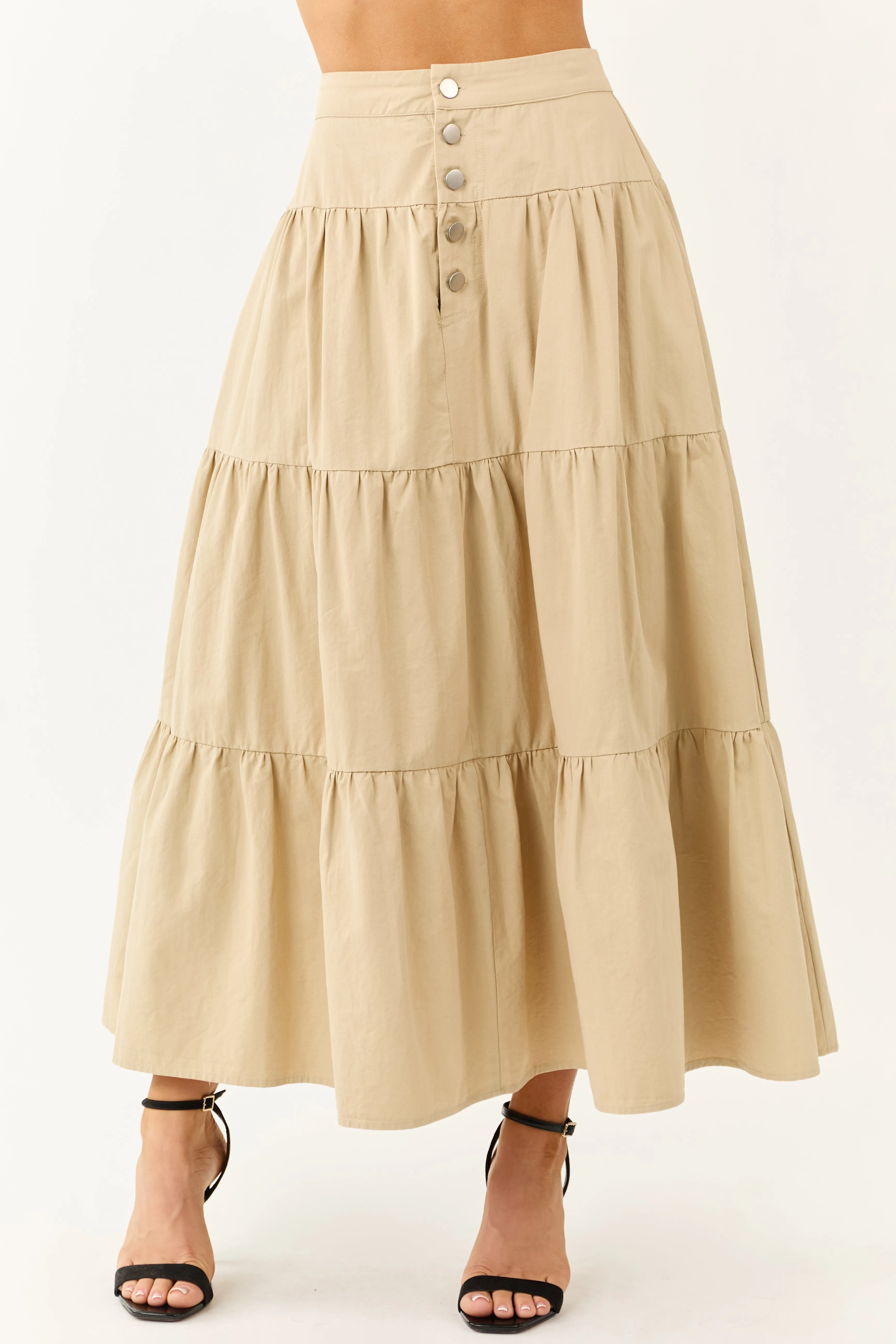Sand Button Fly Tiered Cotton Maxi Skirt sold by Lime Lush product image thumbnail 2