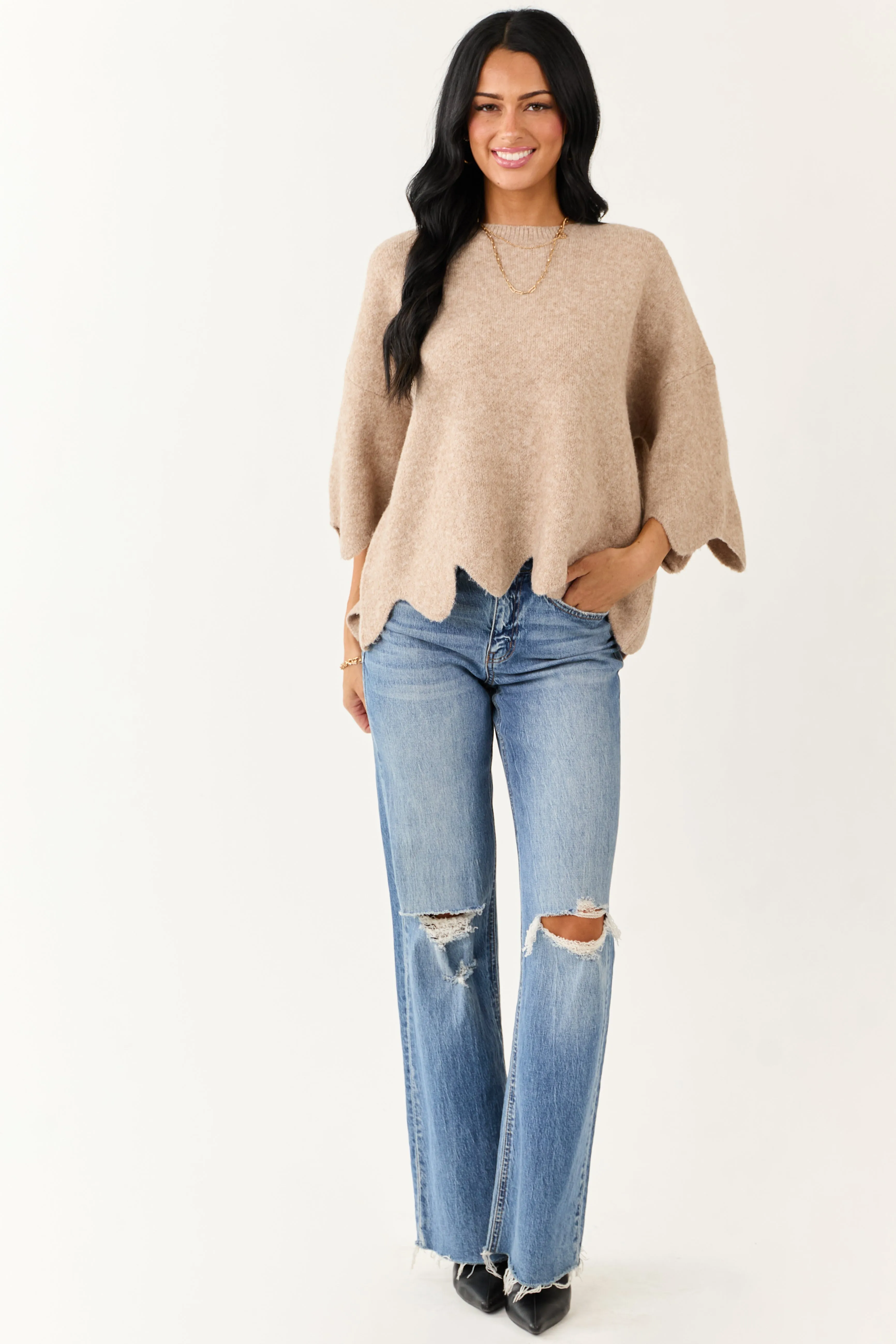 Entro Latte Scalloped Trim Half Sleeve Sweater Top sold by Lime Lush product image thumbnail 3