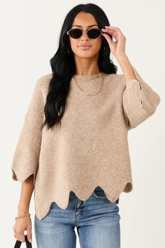 Entro Latte Scalloped Trim Half Sleeve Sweater Top made by entro