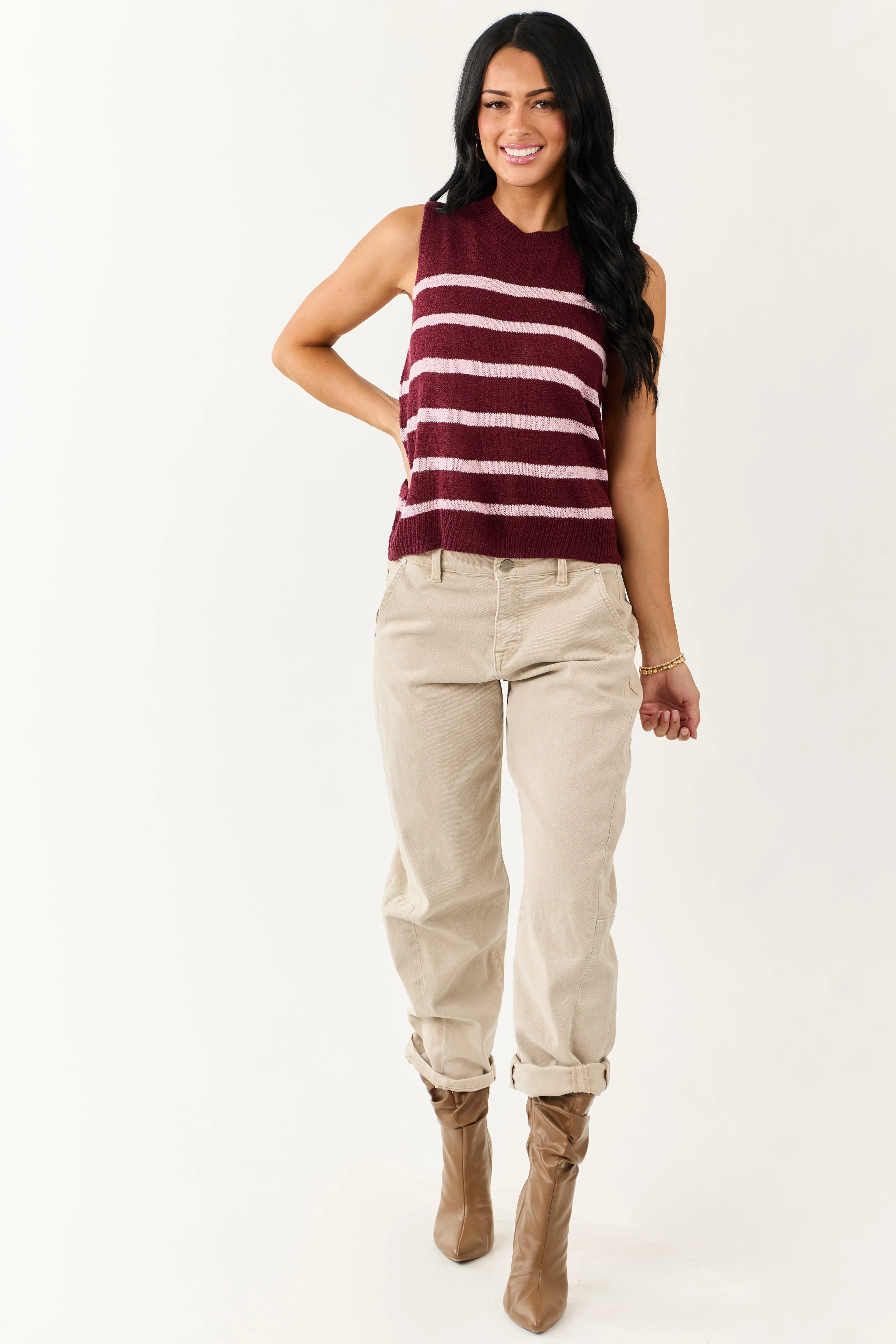 Mahogany and Mauve Striped Sweater Tank Top sold by Lime Lush product image thumbnail 2