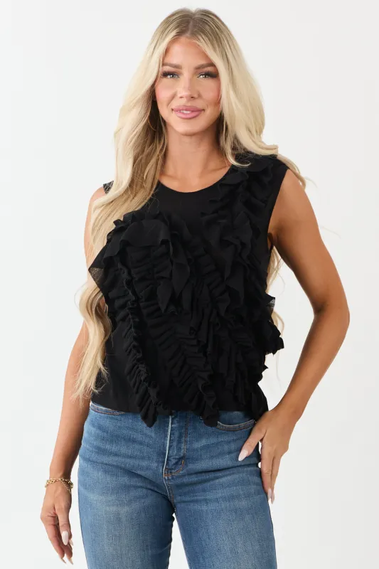 Black Asymmetrical Ruffled Tank Top sold by Lime Lush
