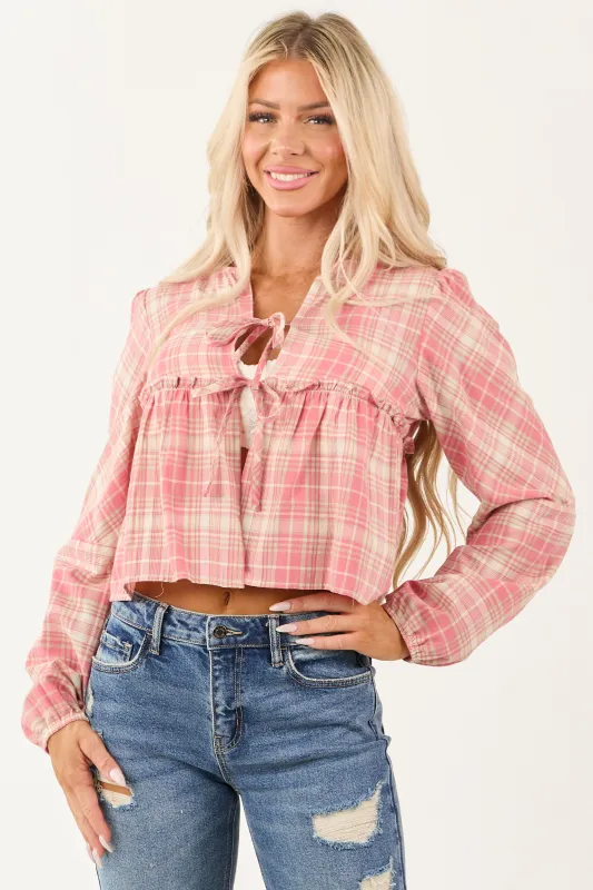 Coral and Cream Plaid Long Sleeve Cotton Top sold by Lime Lush