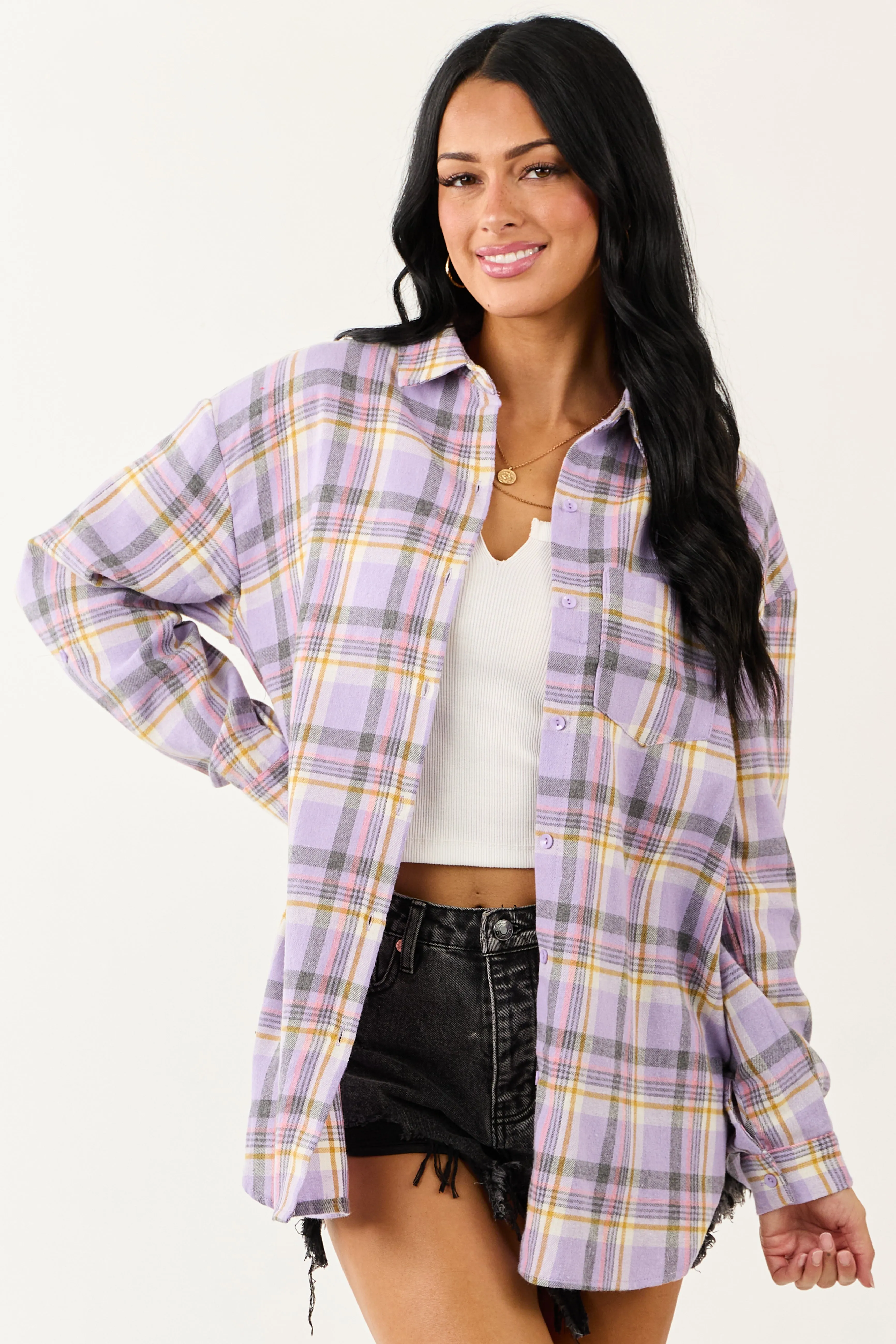 Iris Plaid Button Down Relaxed Long Sleeve Top sold by Lime Lush