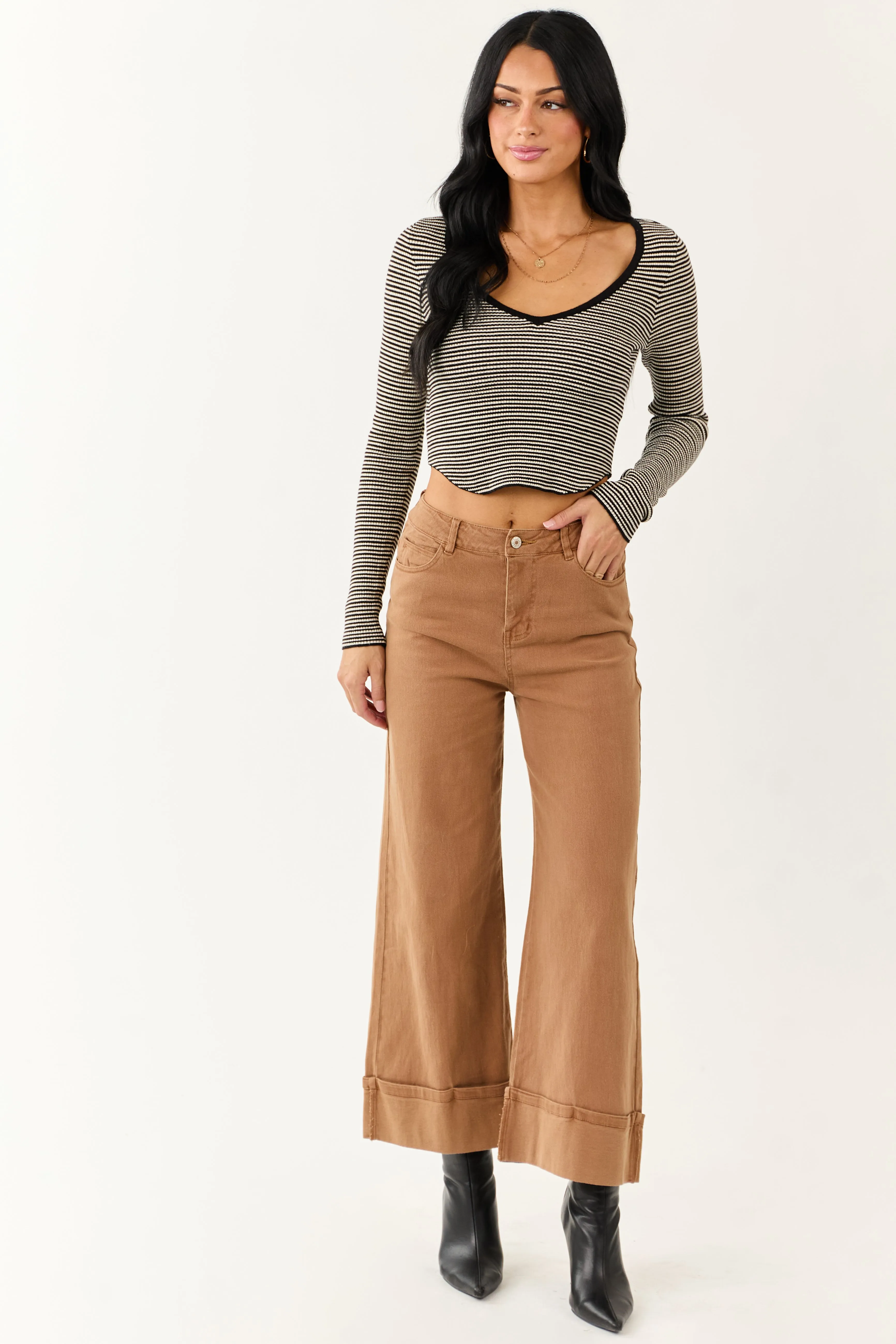 Entro Brown Sugar Cuffed Wide Leg Stretchy Jeans sold by Lime Lush product image thumbnail 5