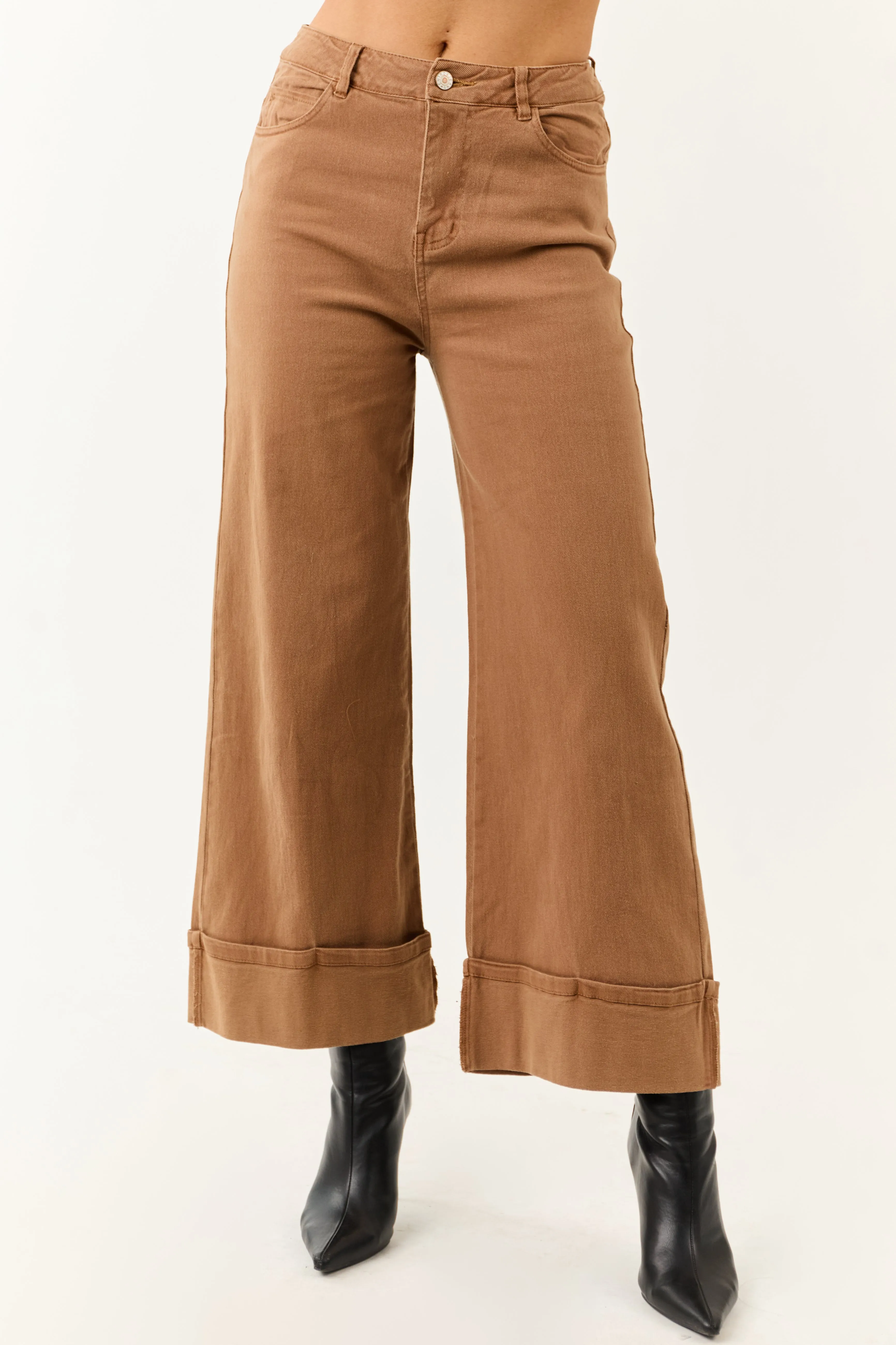 Entro Brown Sugar Cuffed Wide Leg Stretchy Jeans sold by Lime Lush