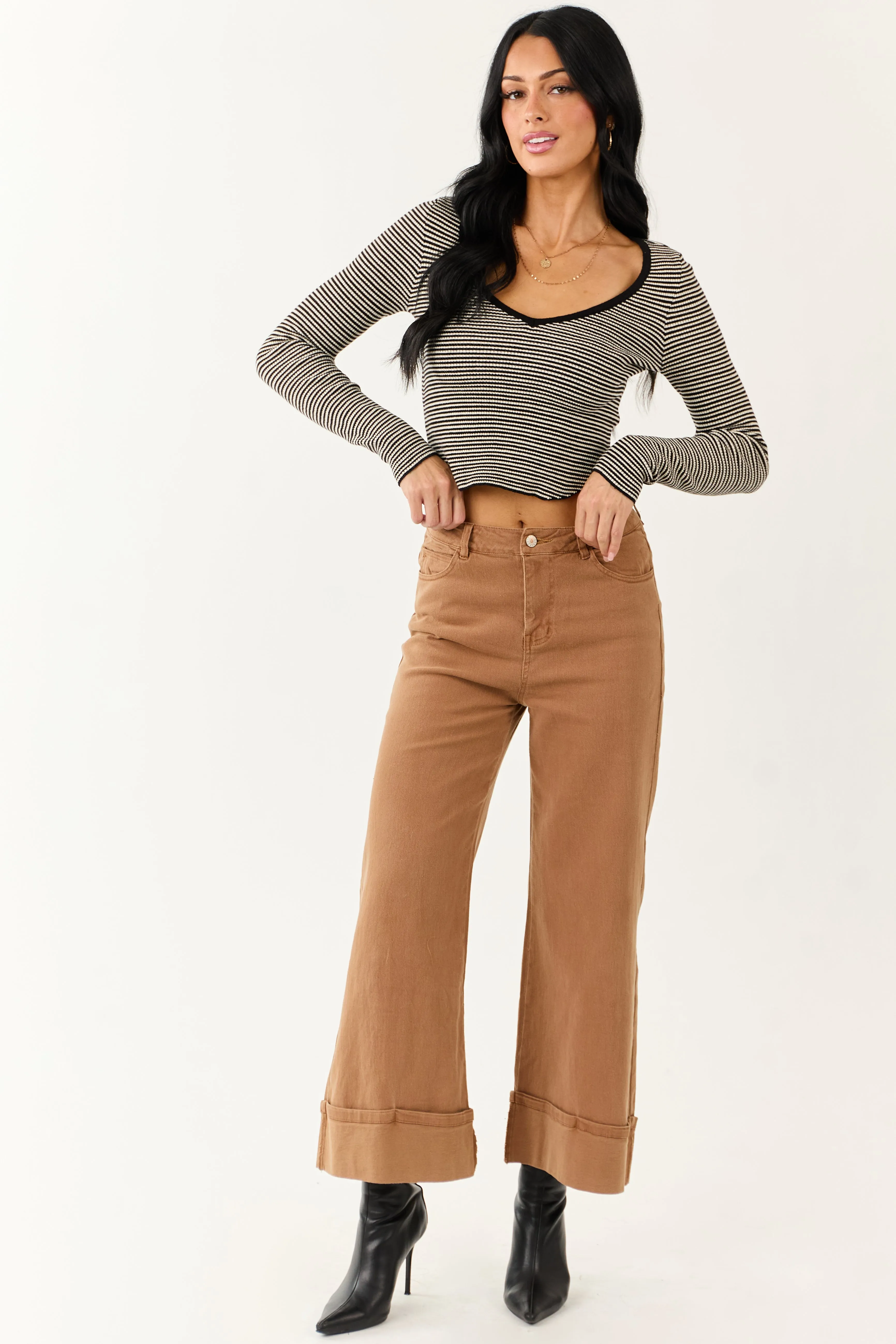 Entro Brown Sugar Cuffed Wide Leg Stretchy Jeans sold by Lime Lush product image thumbnail 2