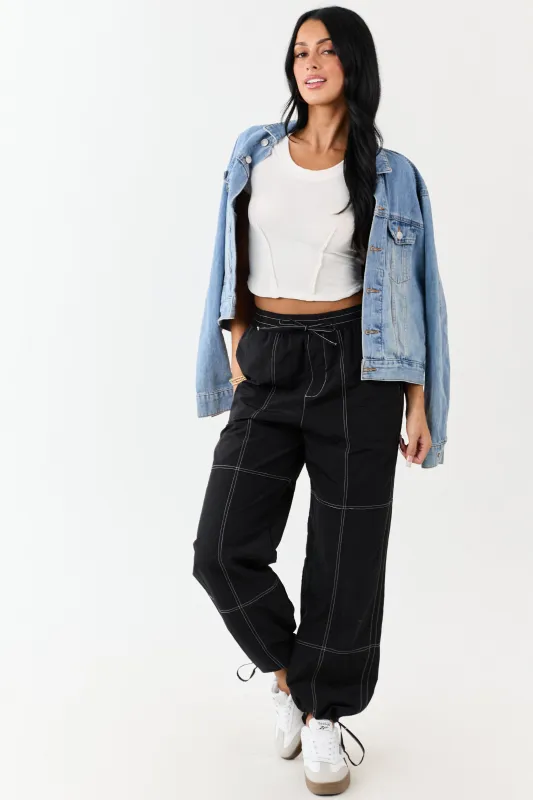 Black Contrast Stitch Wide Leg Drawstring Pants sold by Lime Lush