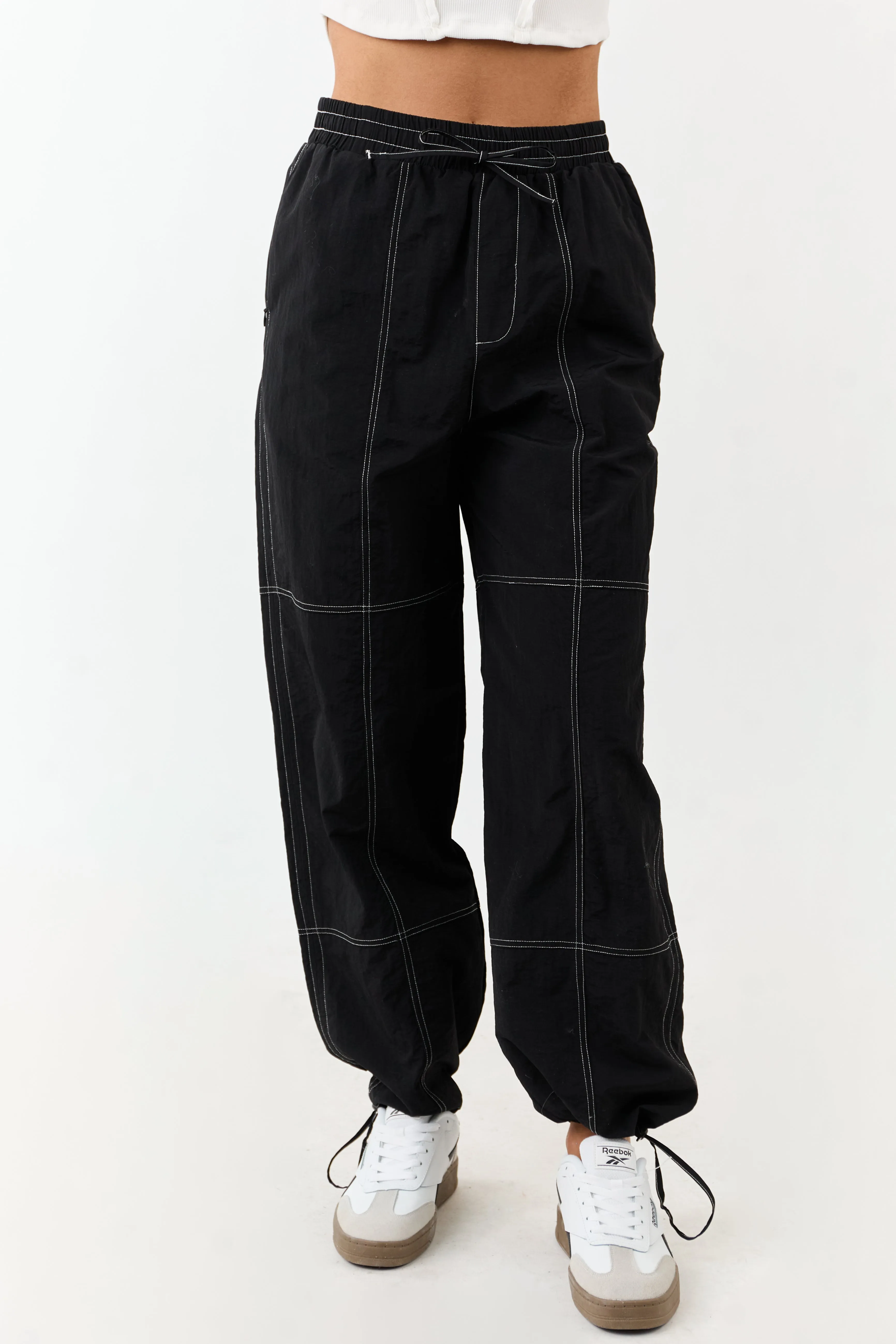 Black Contrast Stitch Wide Leg Drawstring Pants sold by Lime Lush product image thumbnail 2