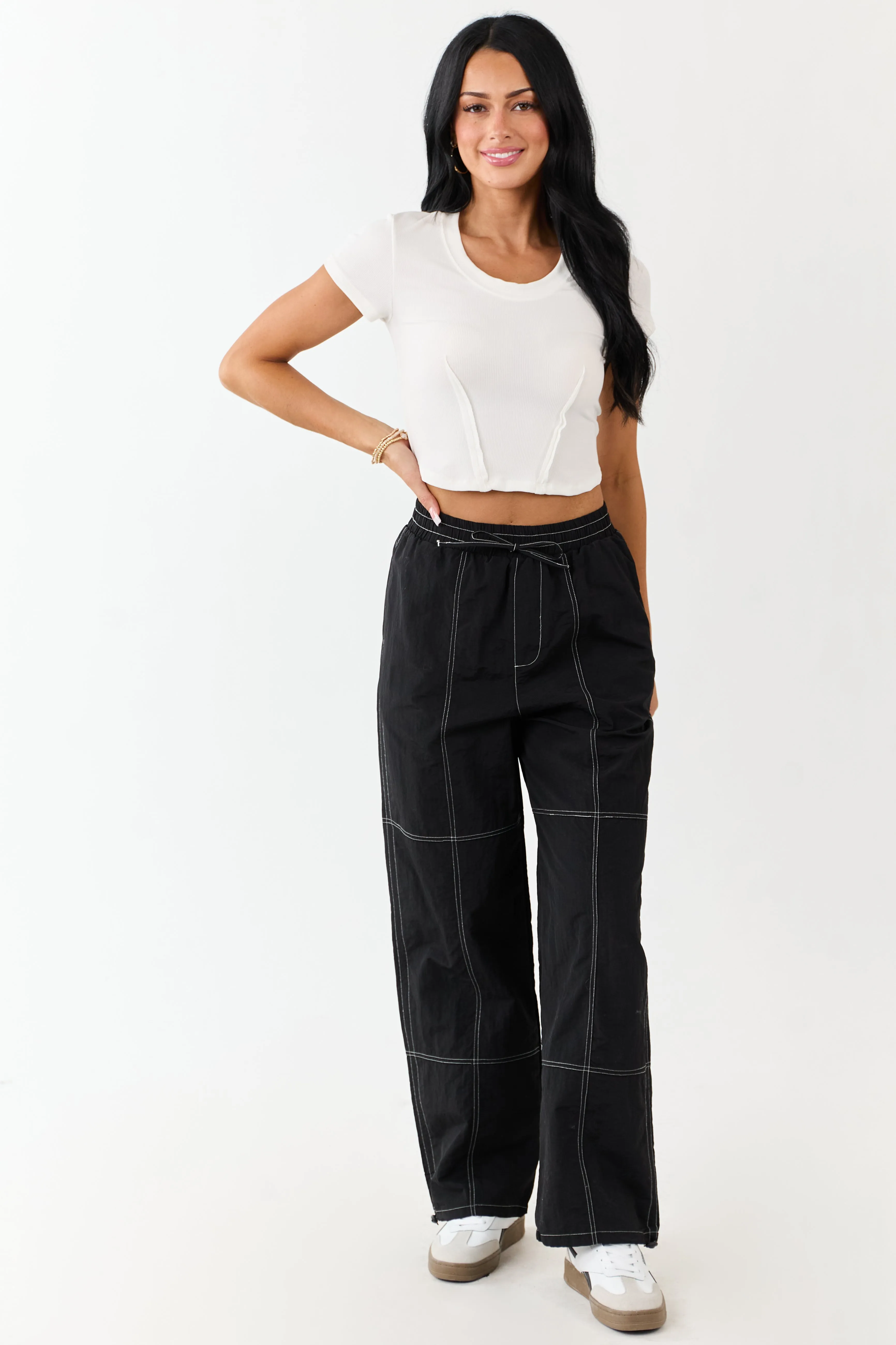 Black Contrast Stitch Wide Leg Drawstring Pants sold by Lime Lush product image thumbnail 5