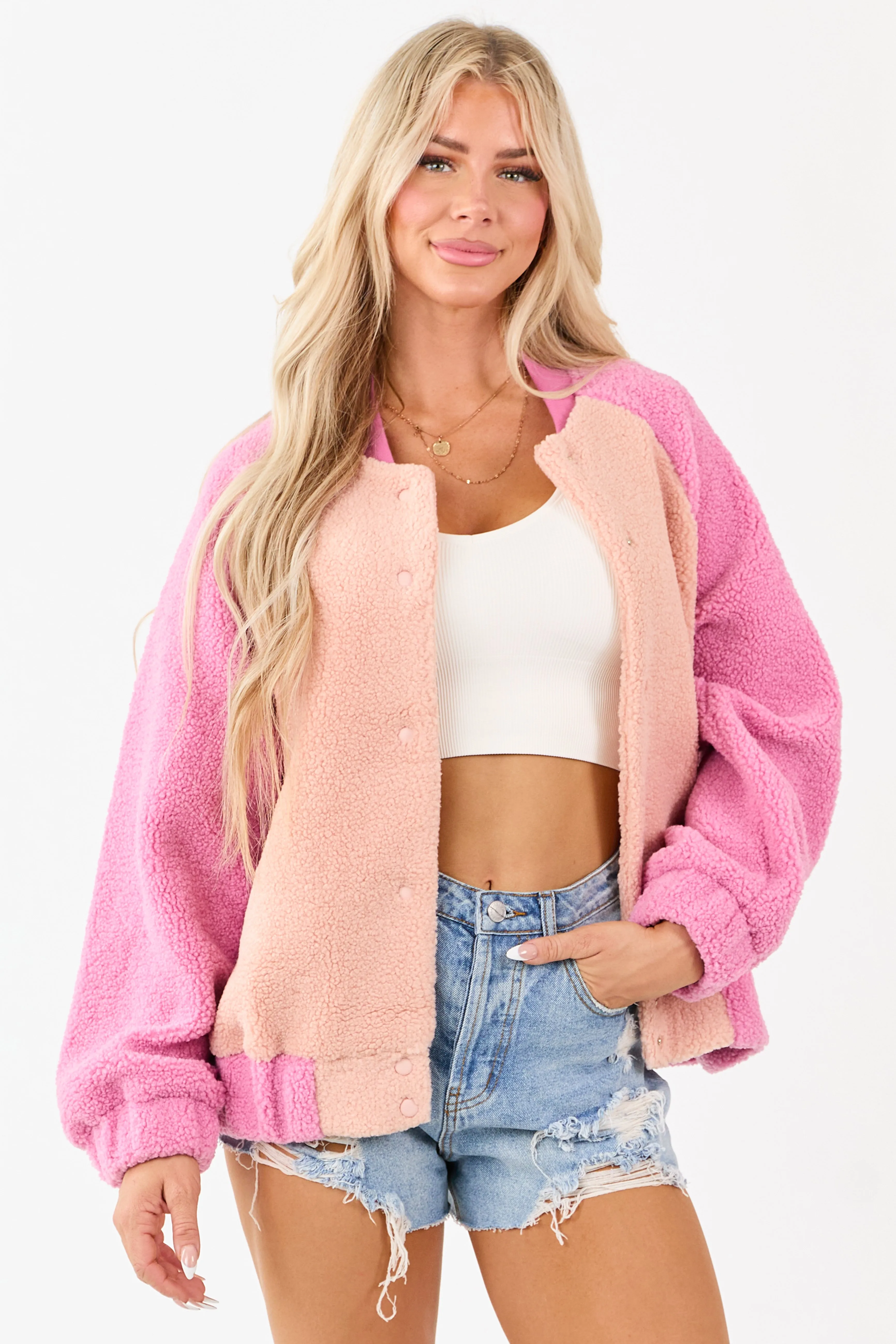 Peach and Bubblegum Colorblock Fleece Jacket sold by Lime Lush