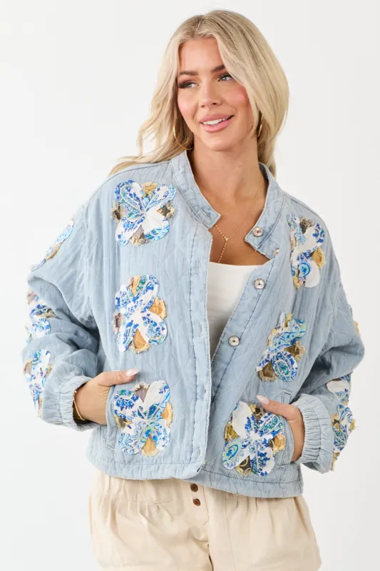 POL Floral Patch Denim Button Up Quilted Jacket sold by Lime Lush