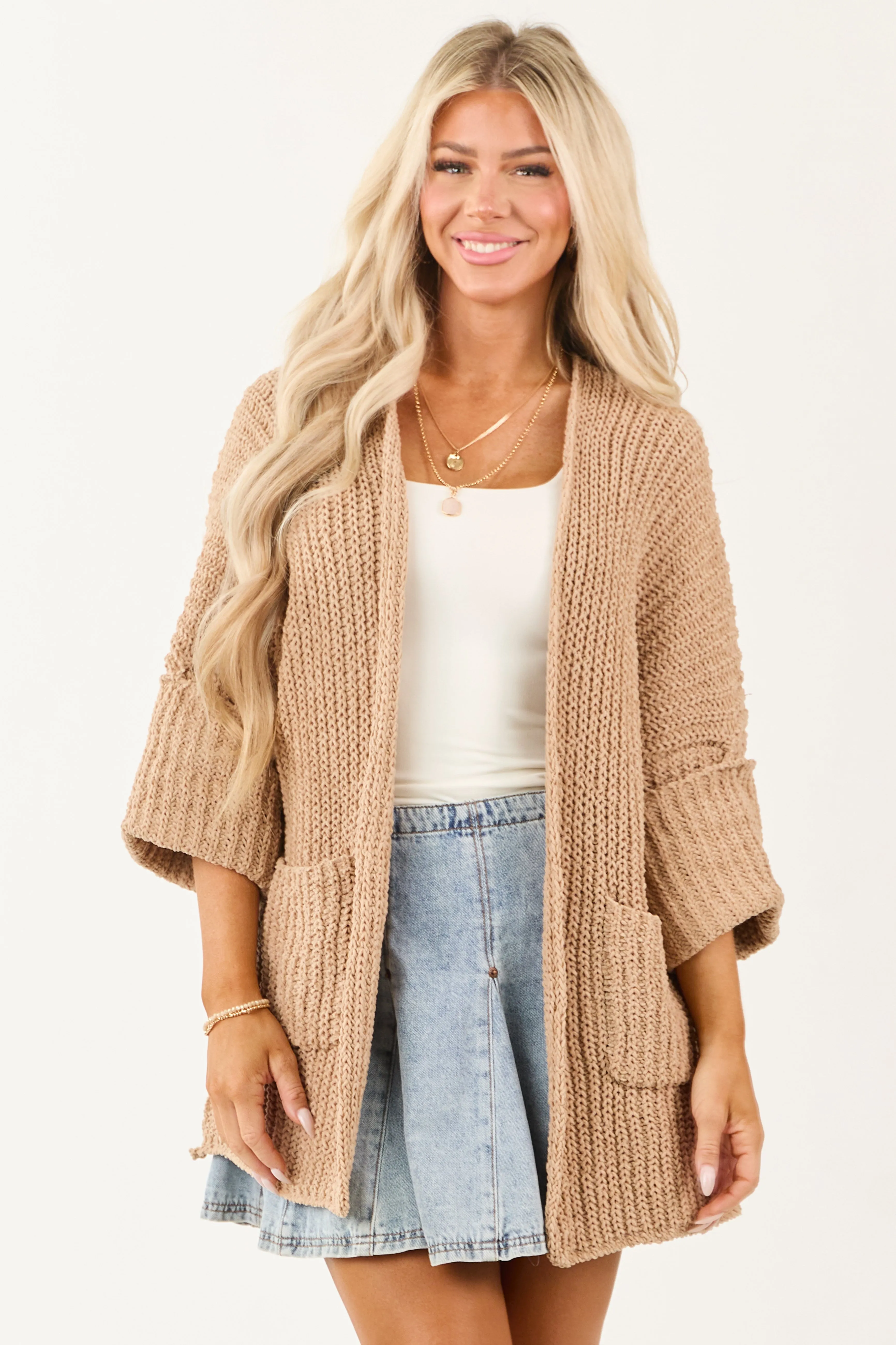 POL Brown Sugar 3/4 Sleeve Knit Cardigan sold by Lime Lush