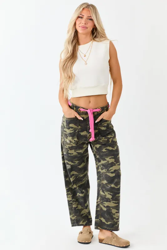 Army Green Camo Drawstring Waist Wide Leg Denim Pants sold by Lime Lush