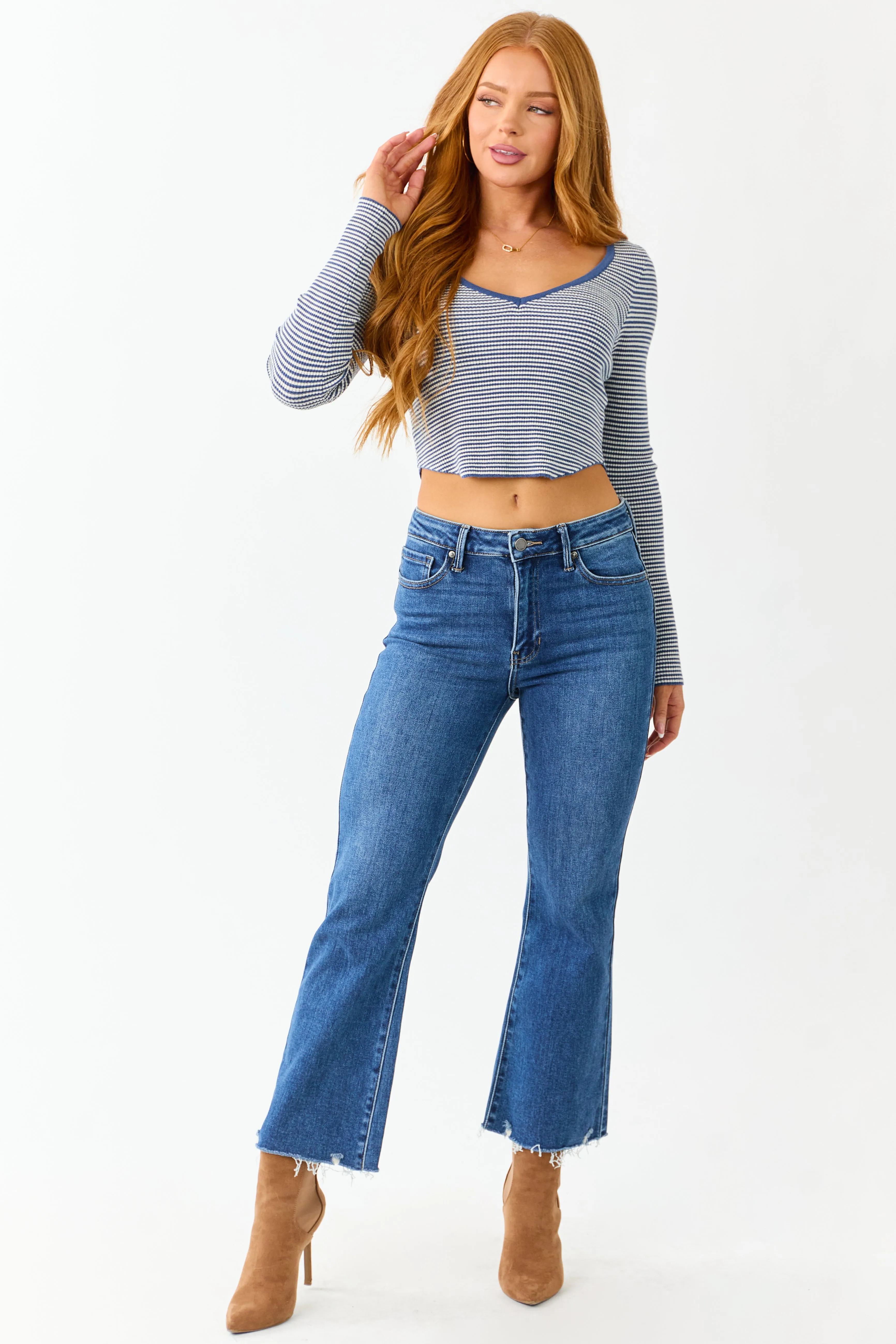 Dark Wash High Rise Cropped Flare Stretchy Jeans sold by Lime Lush product image thumbnail 2
