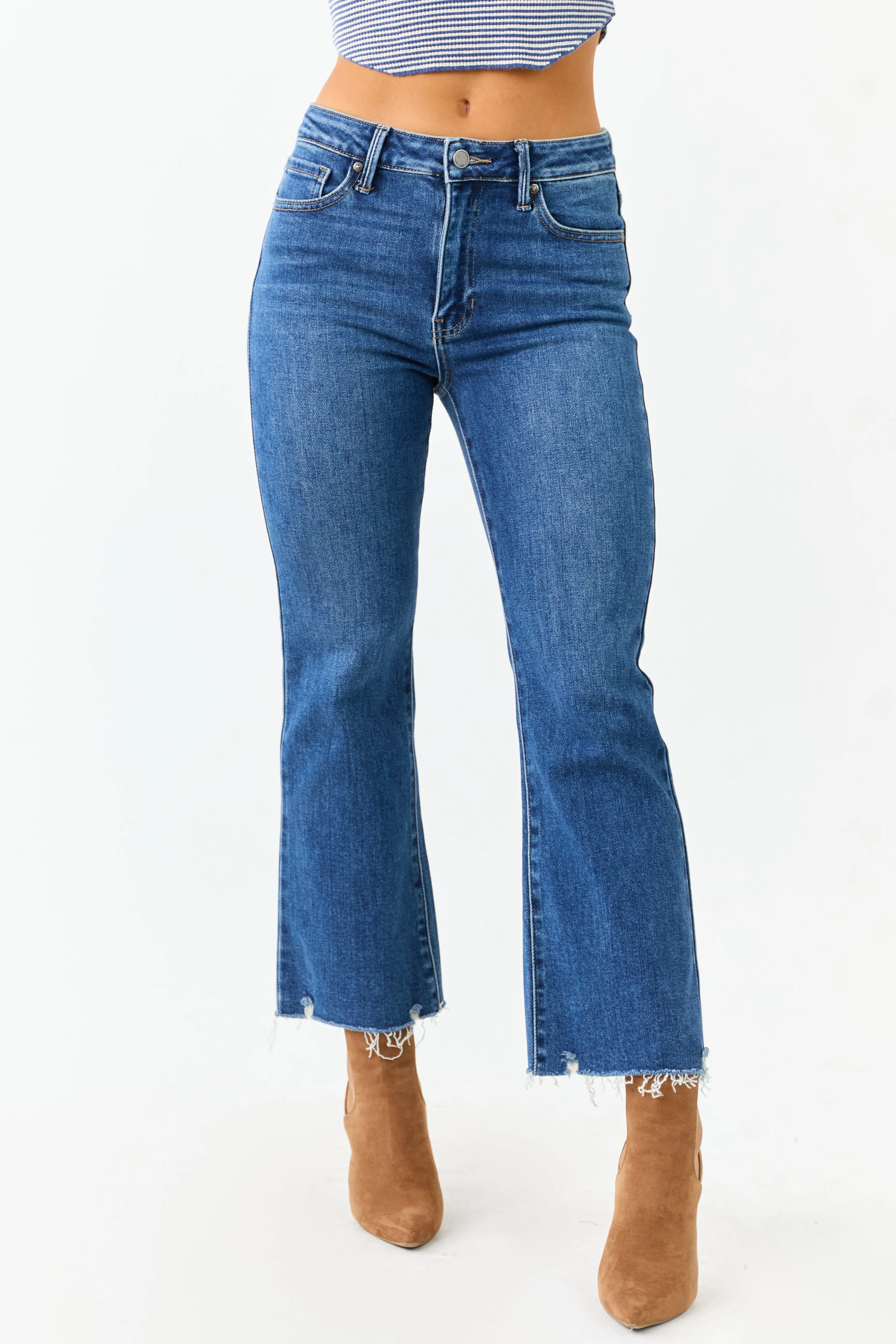 Dark Wash High Rise Cropped Flare Stretchy Jeans sold by Lime Lush
