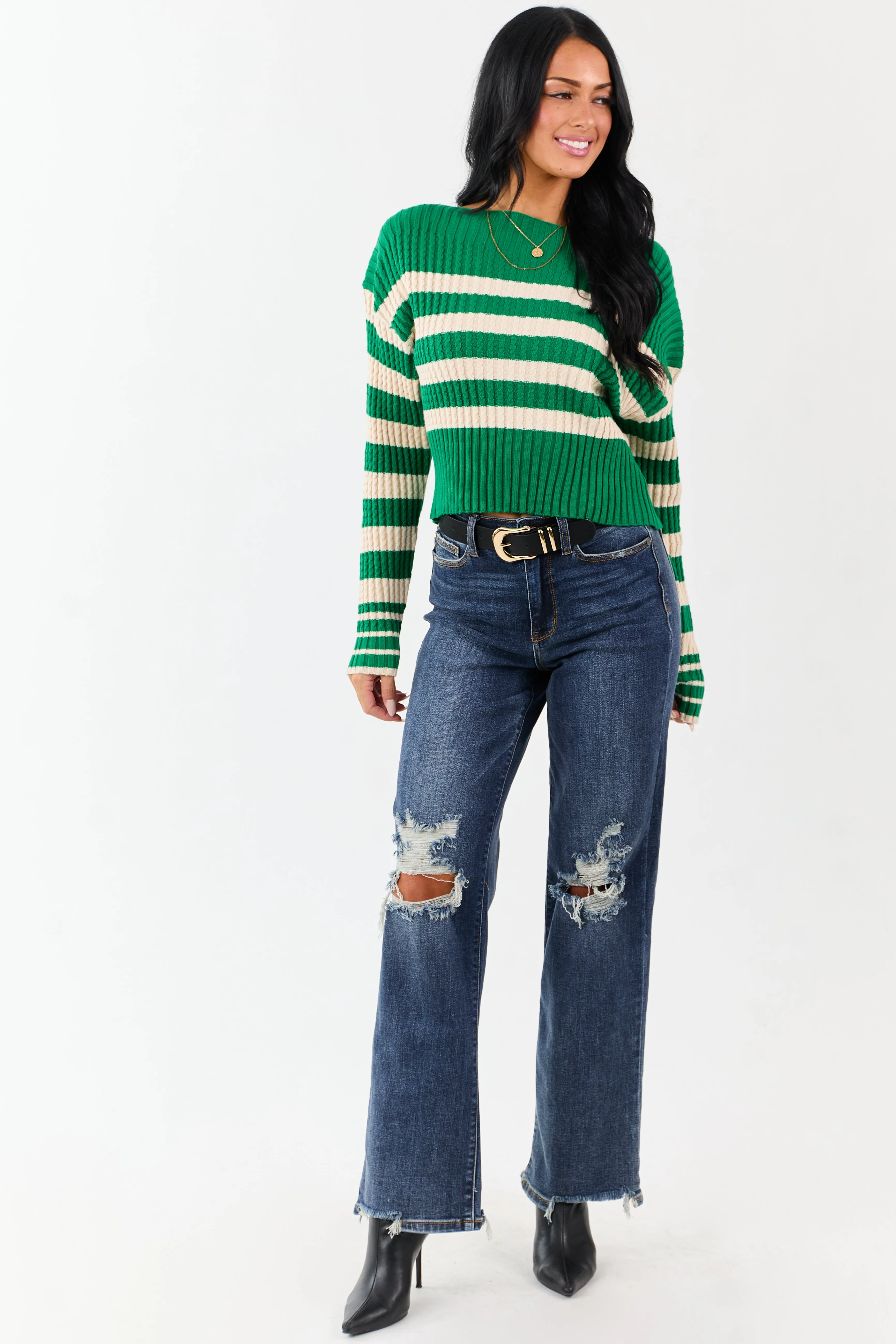 Kelly Green and Cream Stripe Boat Neck Sweater sold by Lime Lush product image thumbnail 2