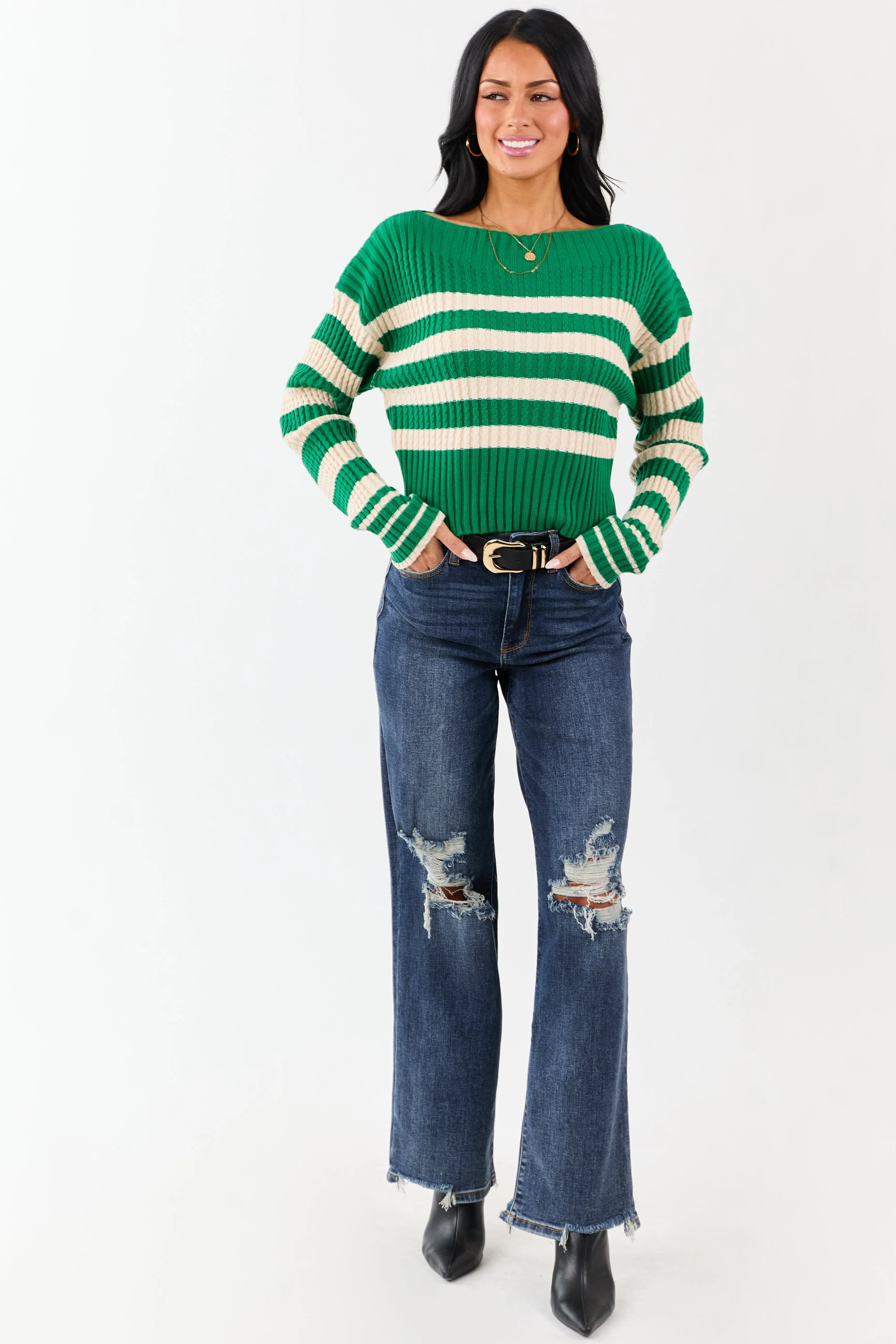 Kelly Green and Cream Stripe Boat Neck Sweater sold by Lime Lush product image thumbnail 4