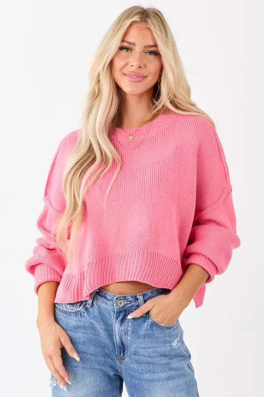 Bubblegum Boxy Drop Shoulder Crop Rib Knit Sweater sold by Lime Lush