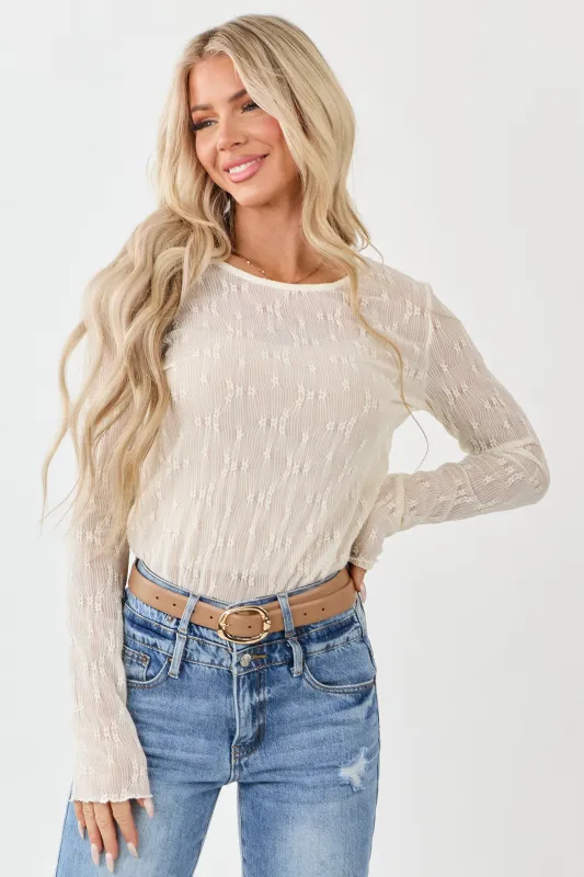 Cream Lace Round Neck Long Sleeve Top sold by Lime Lush