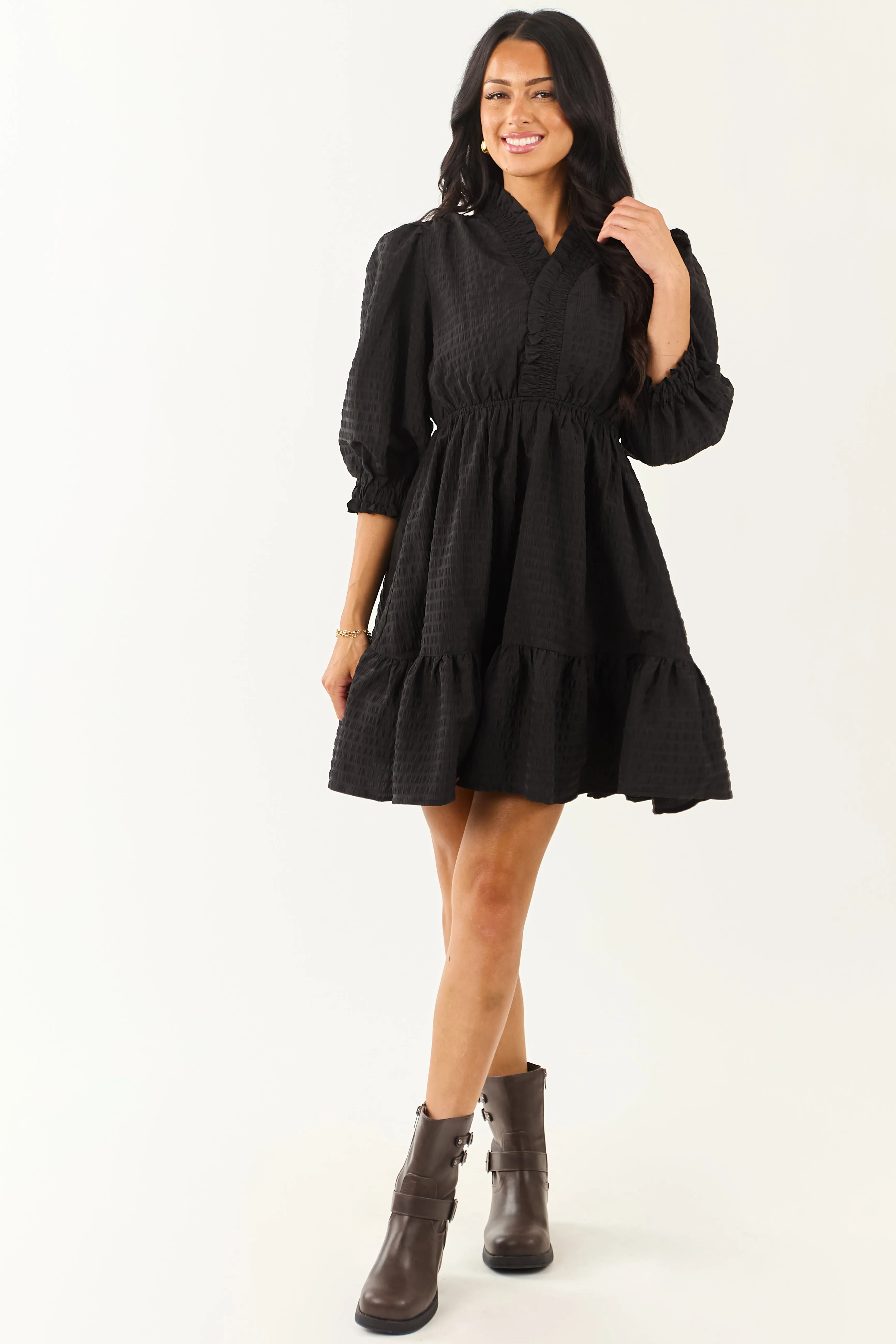 Black Surplice Neck 3/4 Bubble Sleeve Mini Dress sold by Lime Lush