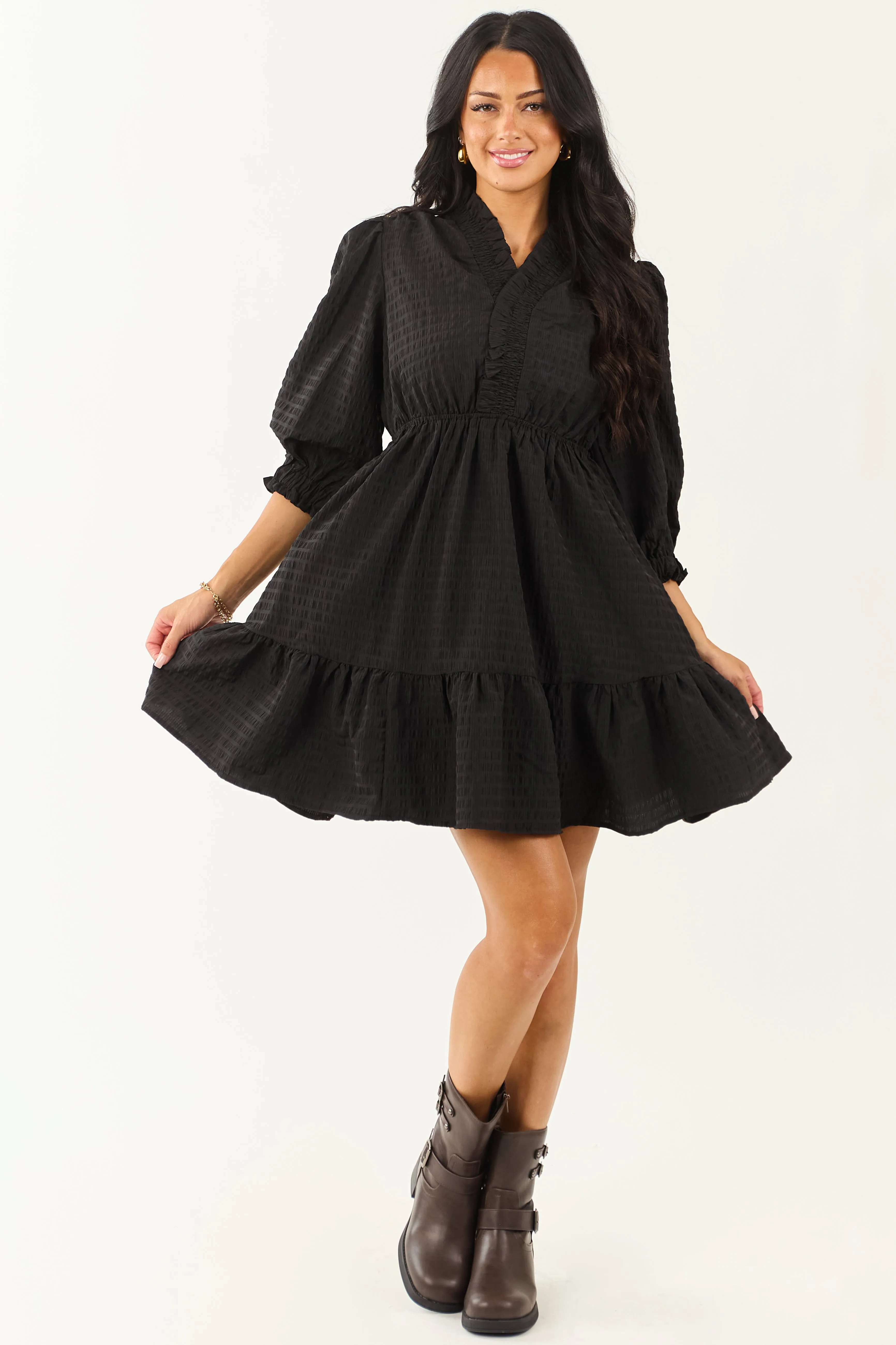 Black Surplice Neck 3/4 Bubble Sleeve Mini Dress sold by Lime Lush product image thumbnail 2