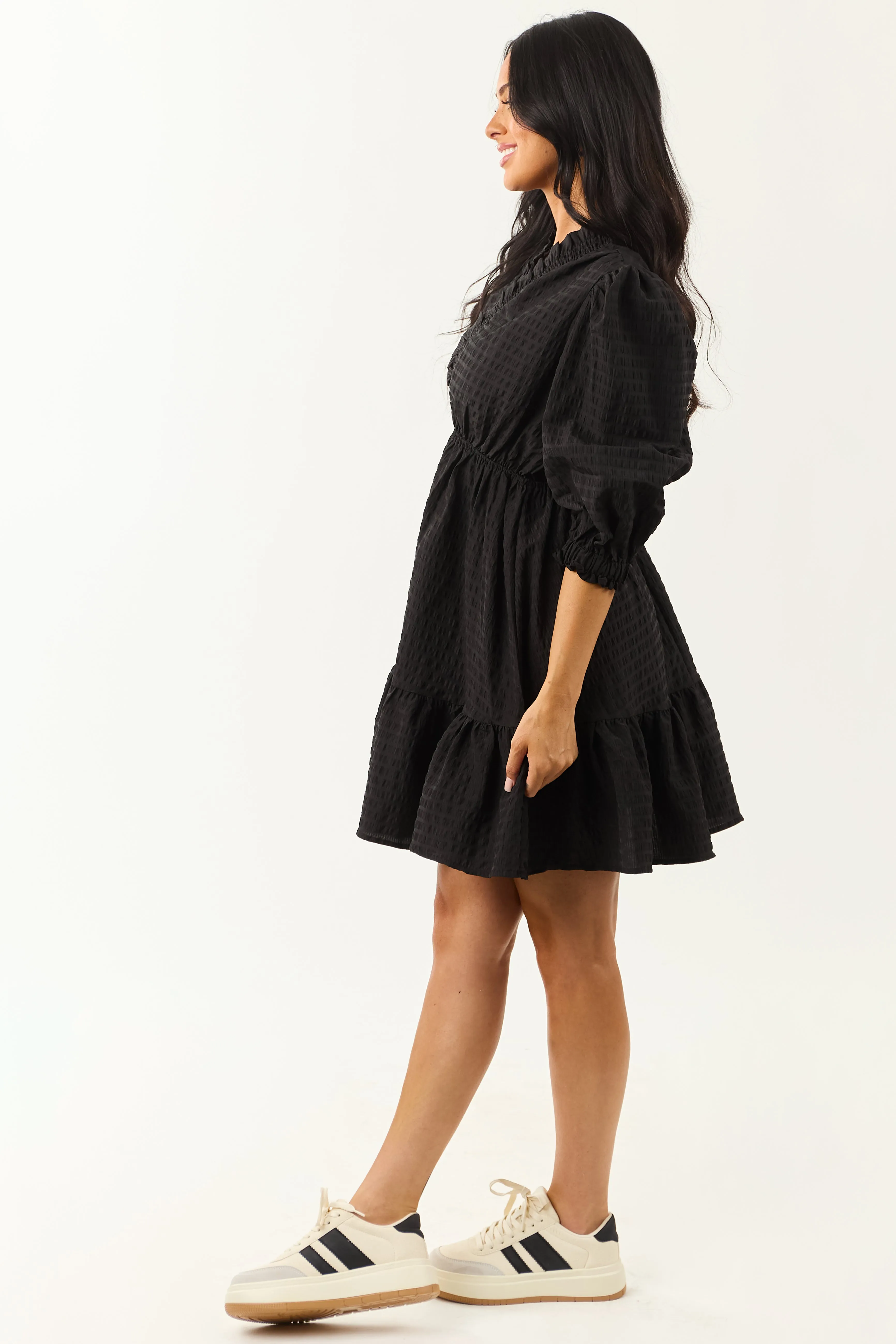 Black Surplice Neck 3/4 Bubble Sleeve Mini Dress sold by Lime Lush product image thumbnail 4