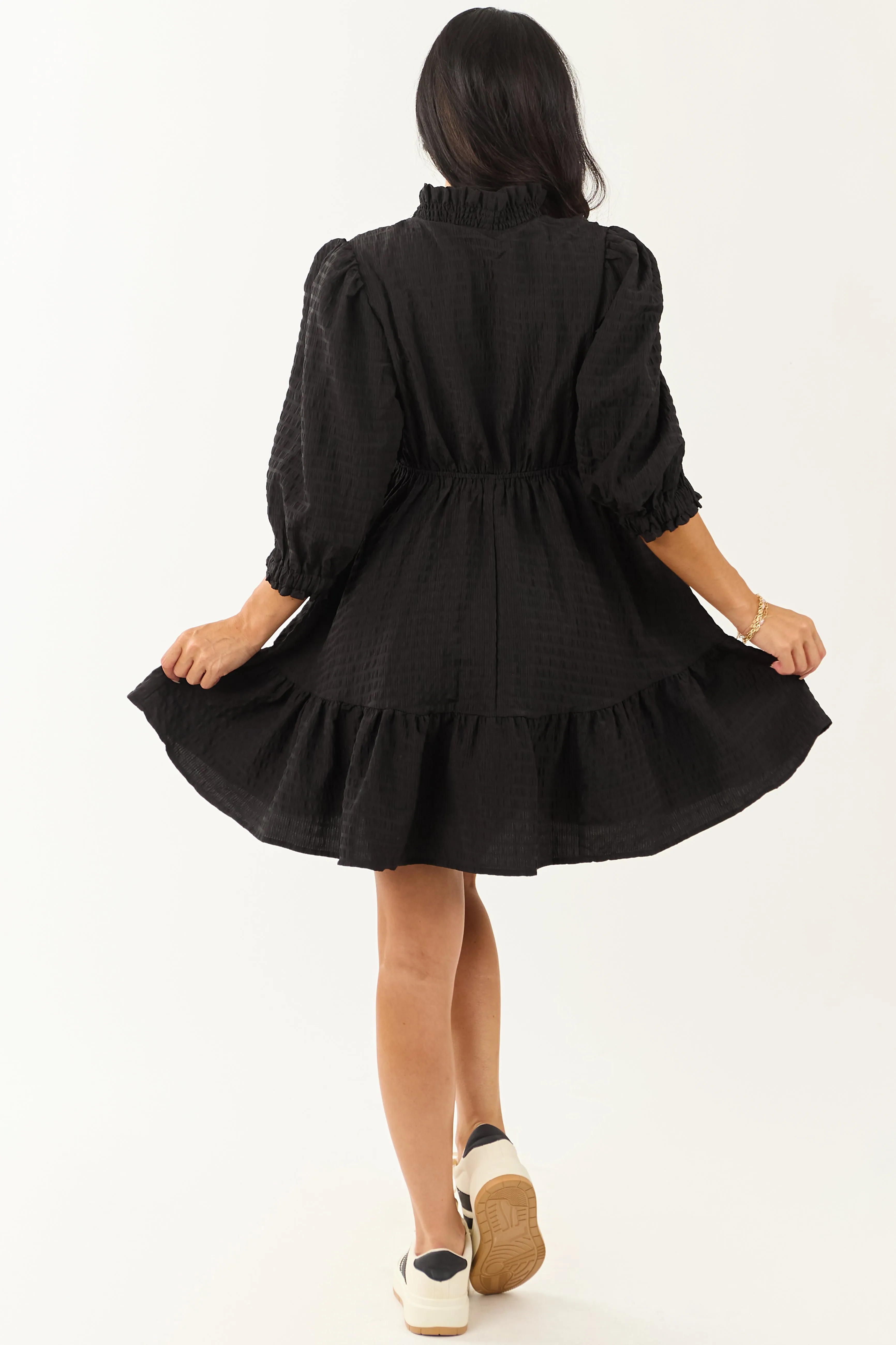 Black Surplice Neck 3/4 Bubble Sleeve Mini Dress sold by Lime Lush product image thumbnail 5