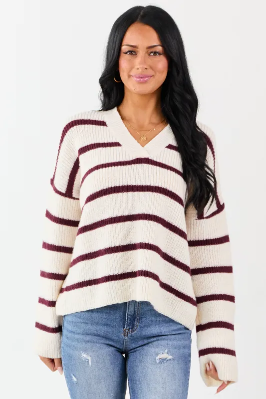 Cream and Mahogany Striped V-Neck Rib Knit Sweater sold by Lime Lush