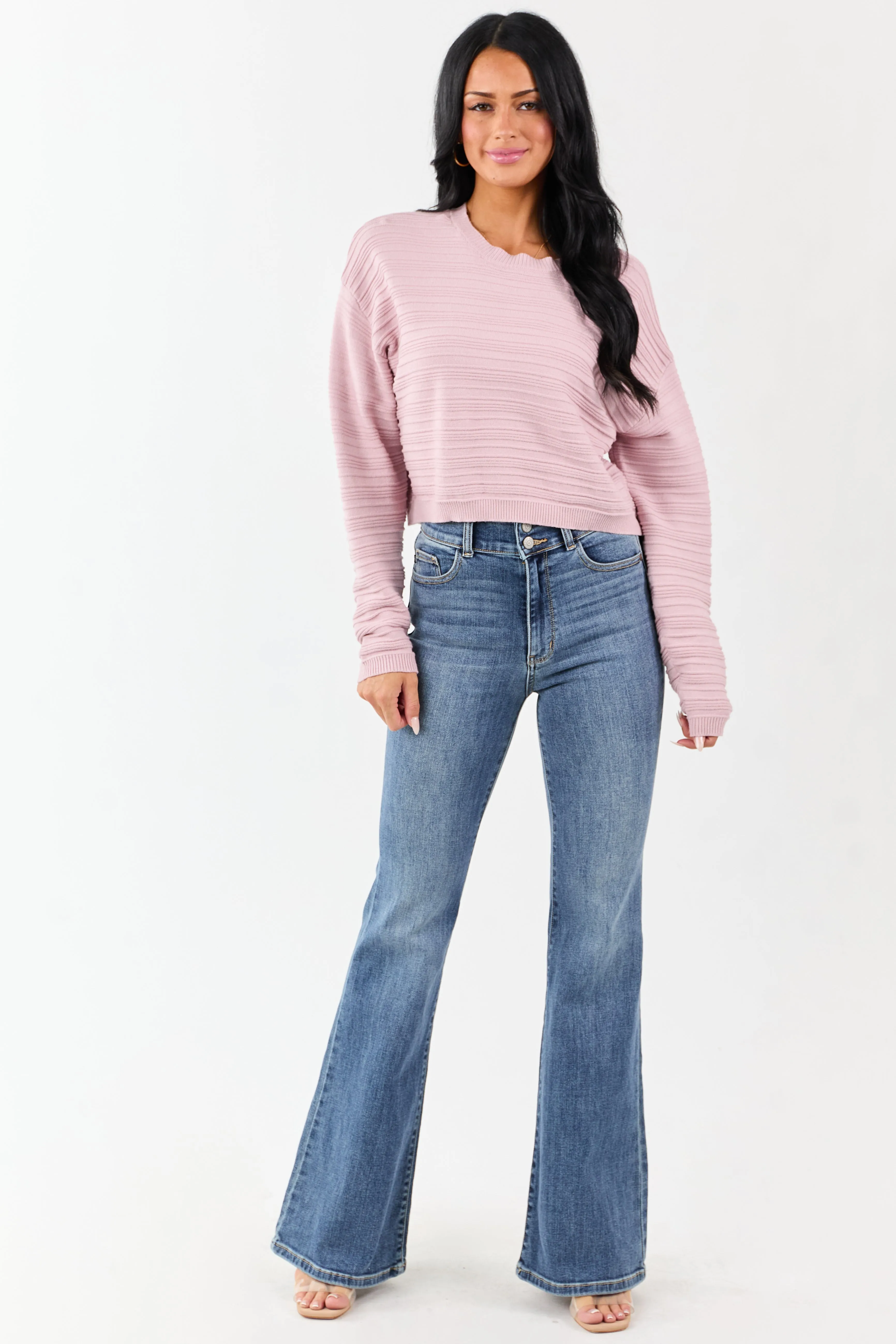 Mauve Long Sleeve Textured Knit Cropped Sweater sold by Lime Lush product image thumbnail 2