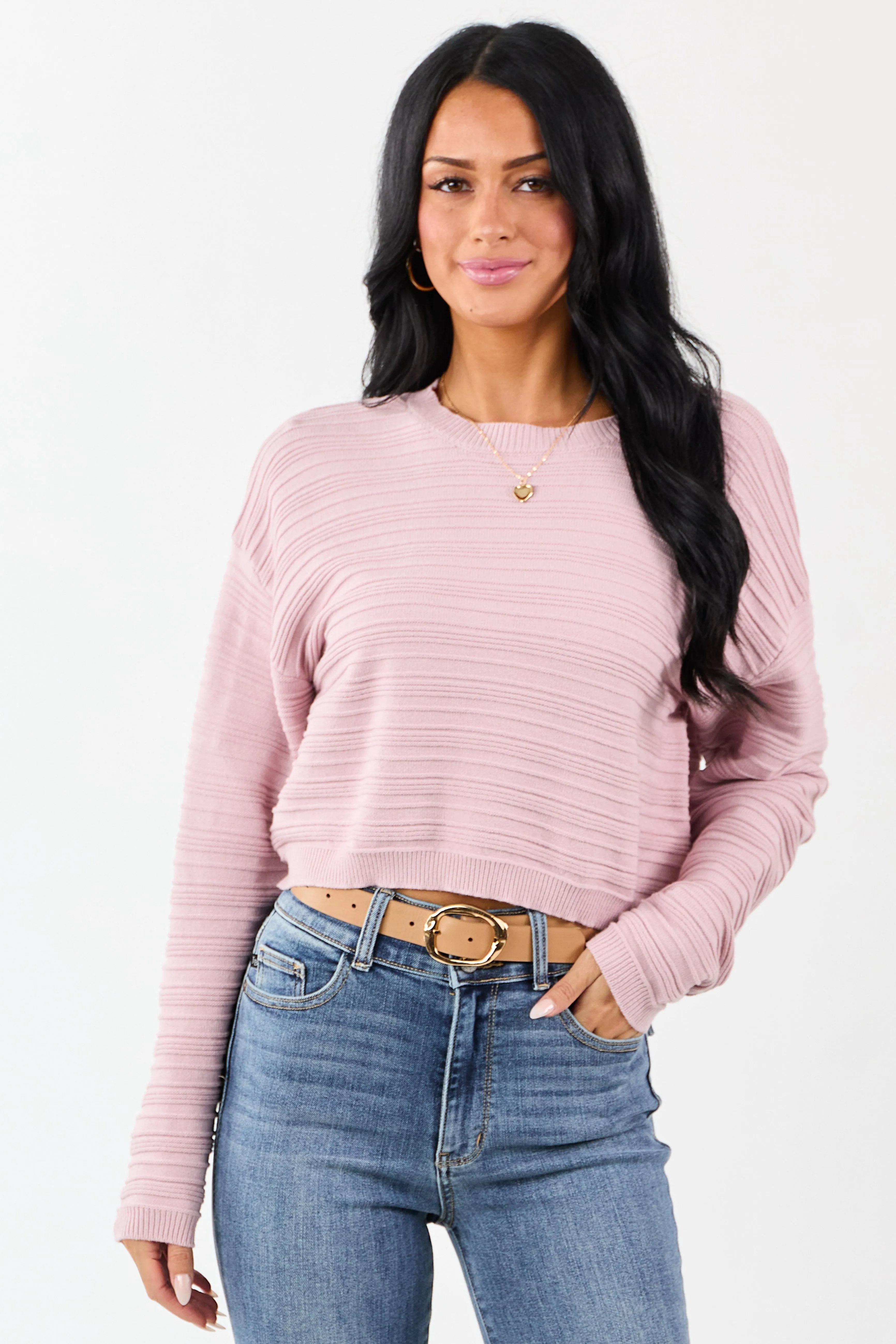 Mauve Long Sleeve Textured Knit Cropped Sweater sold by Lime Lush
