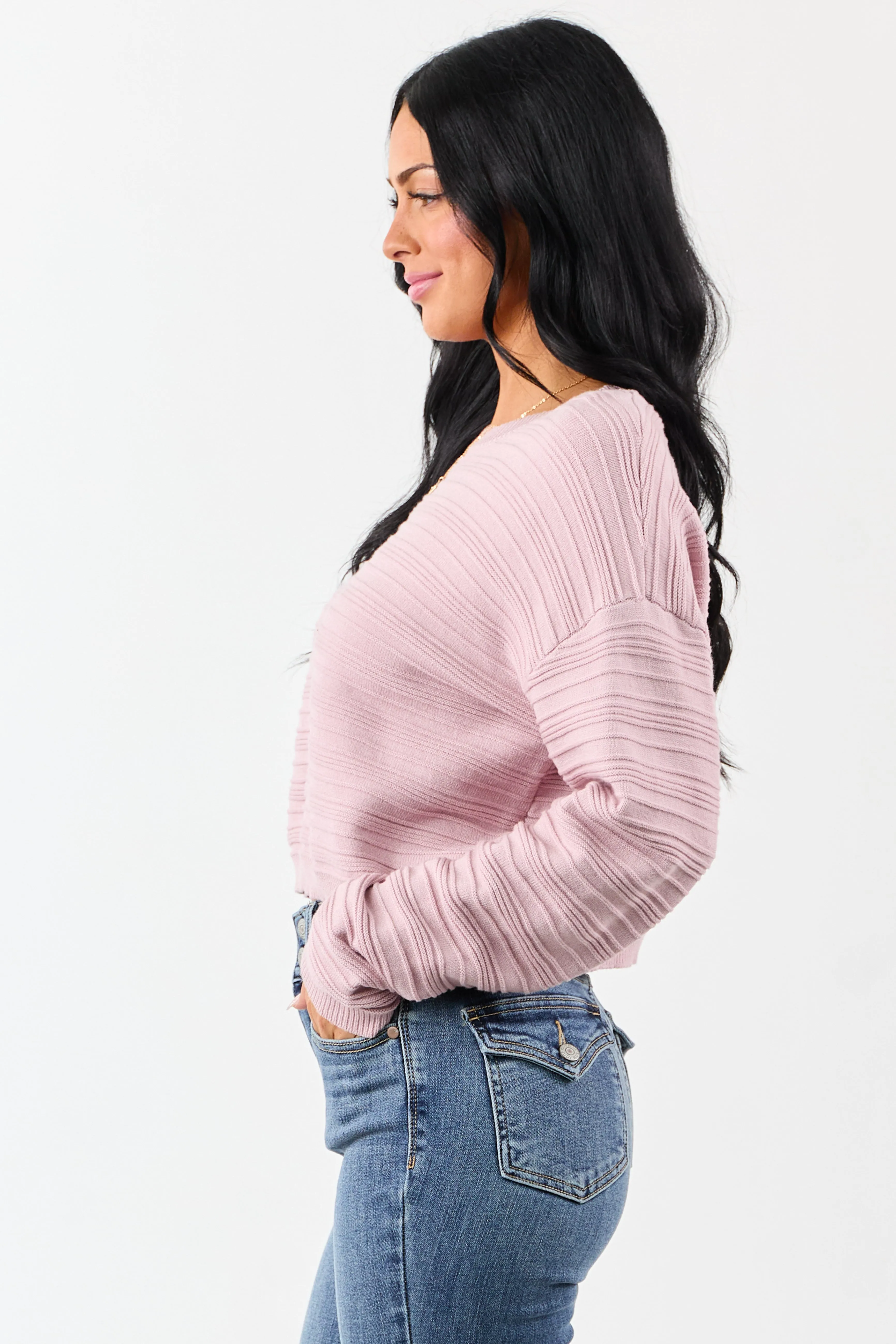 Mauve Long Sleeve Textured Knit Cropped Sweater sold by Lime Lush product image thumbnail 4