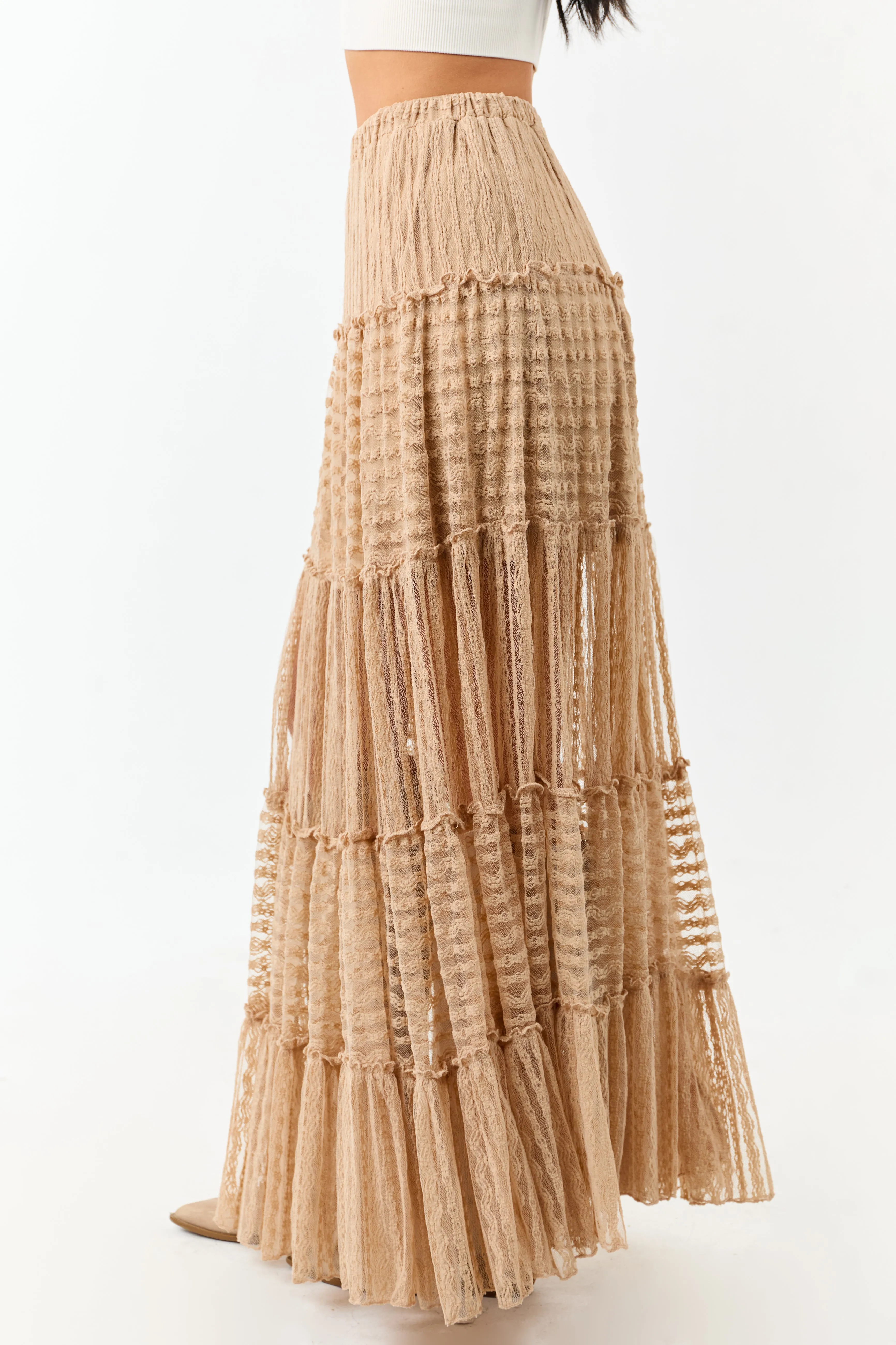 Latte Tiered Frill Lace Flowy Maxi Skirt sold by Lime Lush product image thumbnail 3
