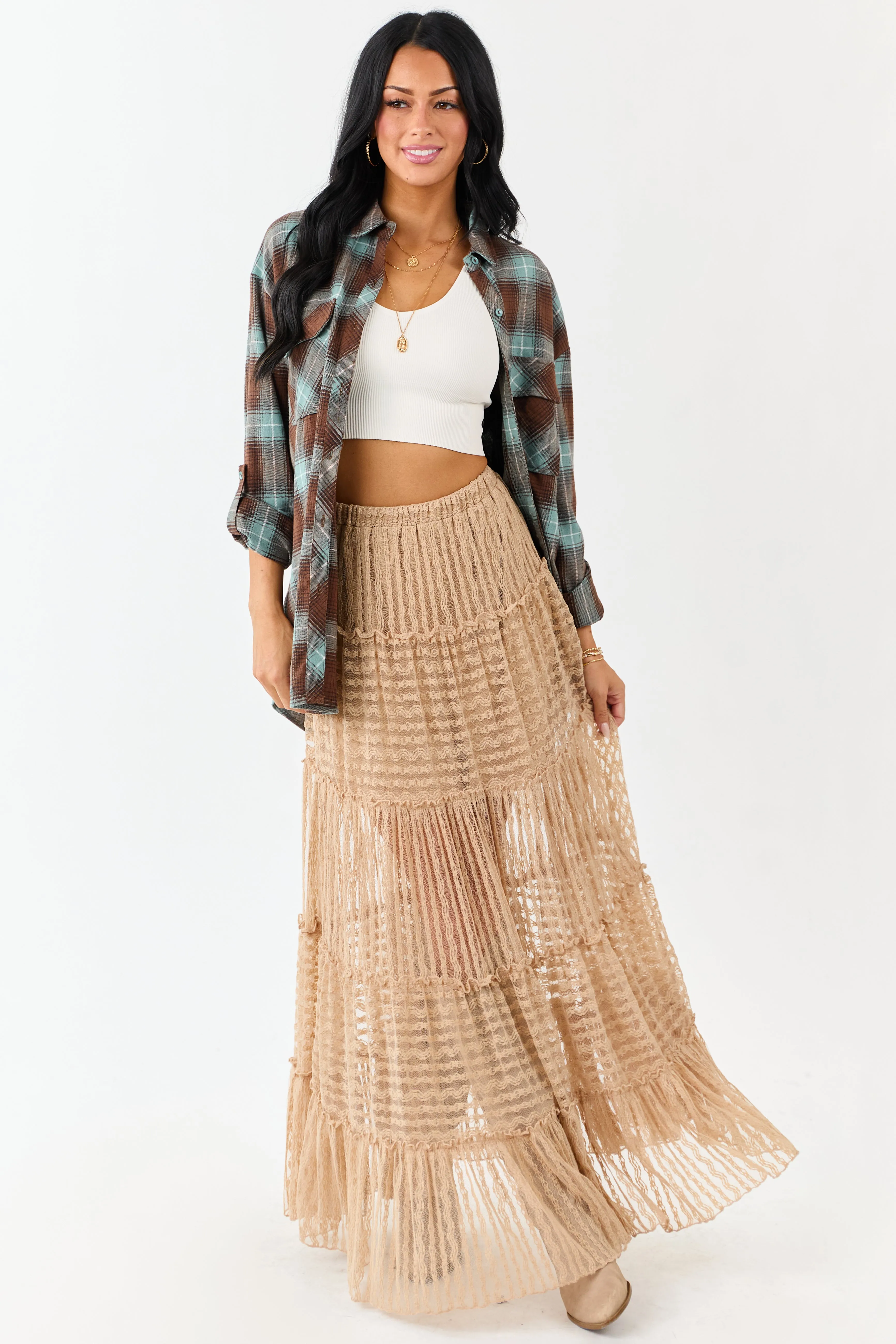Latte Tiered Frill Lace Flowy Maxi Skirt sold by Lime Lush