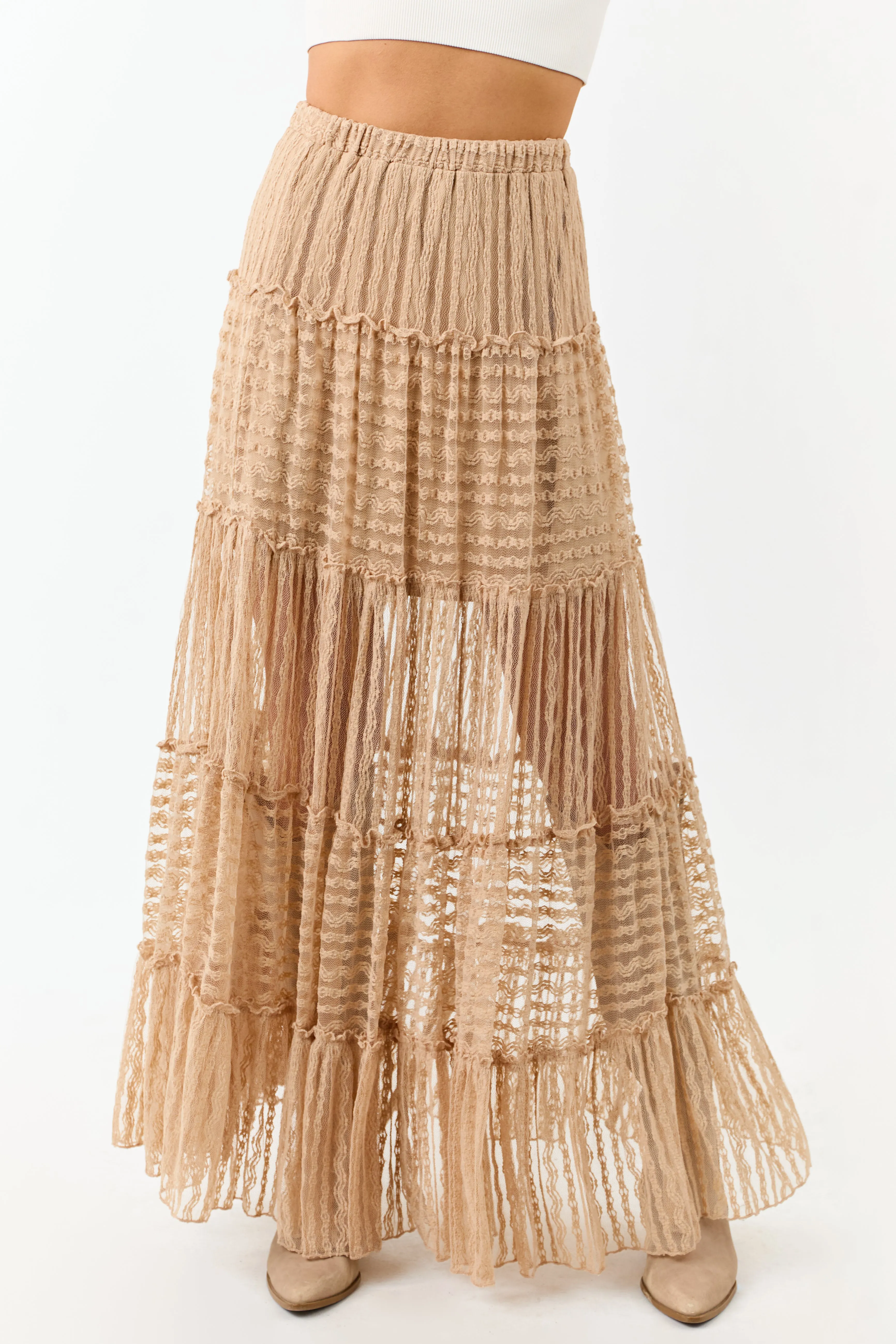 Latte Tiered Frill Lace Flowy Maxi Skirt sold by Lime Lush product image thumbnail 2