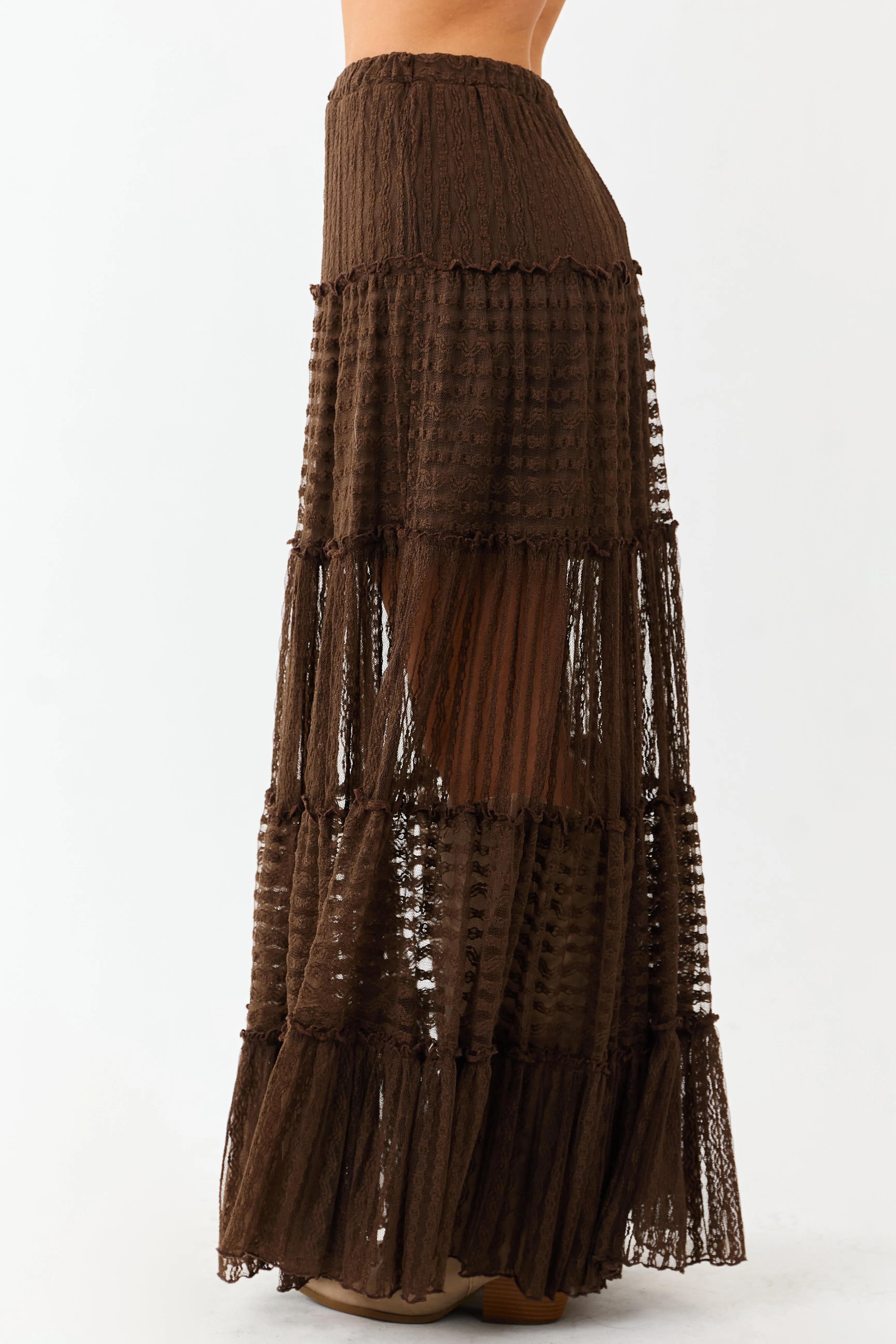 Cocoa Tiered Frill Lace Flowy Maxi Skirt sold by Lime Lush product image thumbnail 3