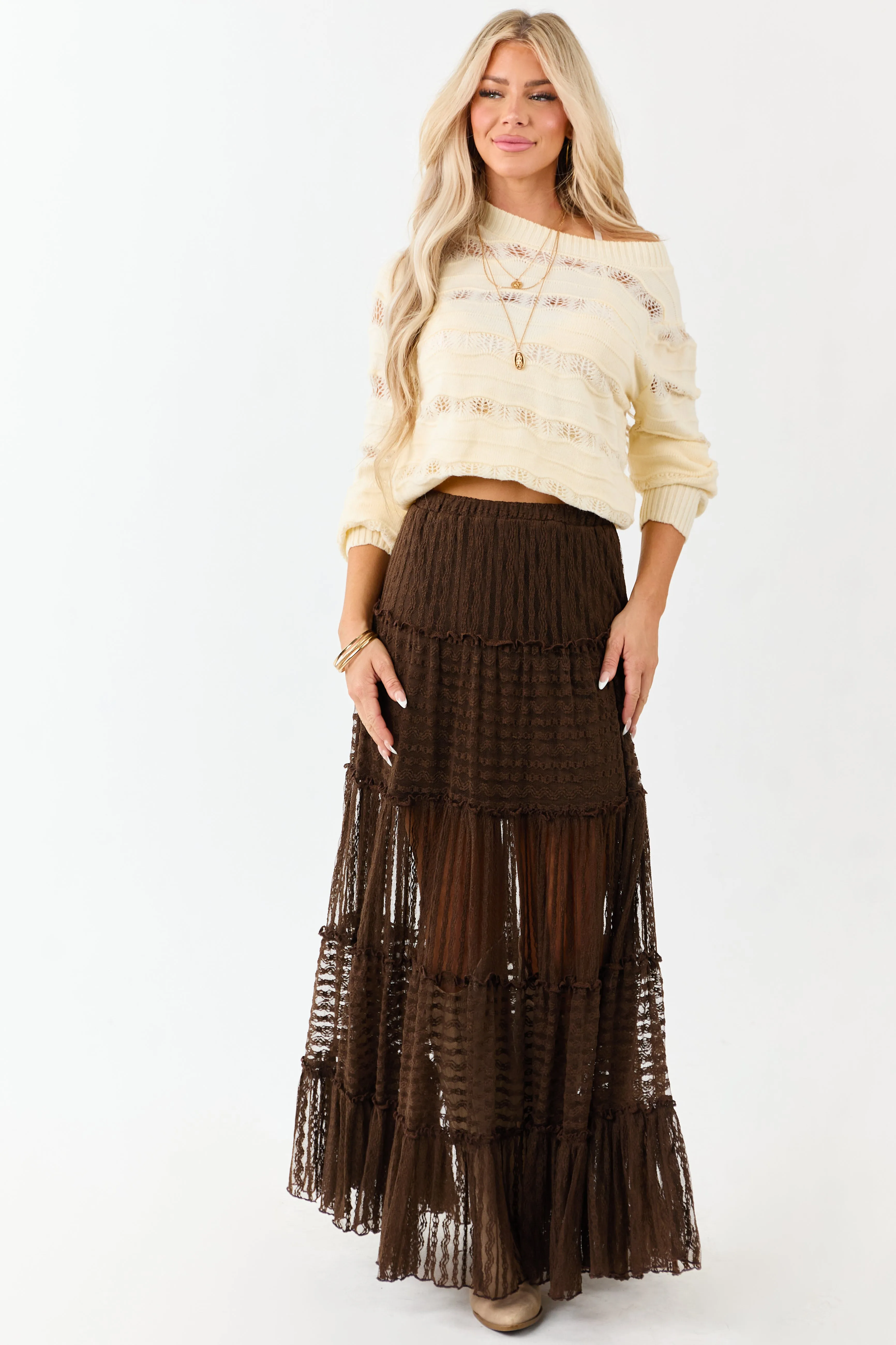 Cocoa Tiered Frill Lace Flowy Maxi Skirt sold by Lime Lush product image thumbnail 5