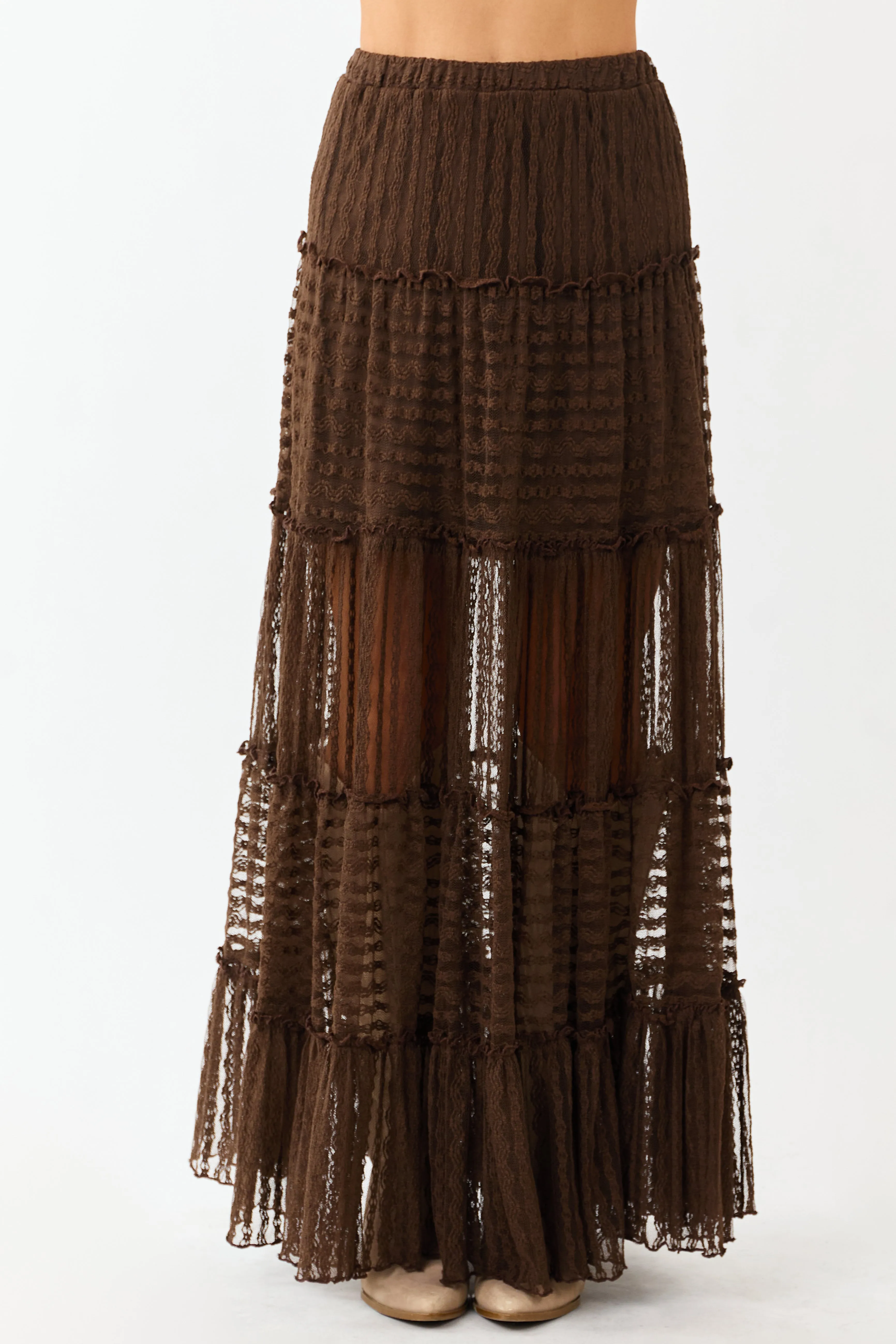 Cocoa Tiered Frill Lace Flowy Maxi Skirt sold by Lime Lush product image thumbnail 2