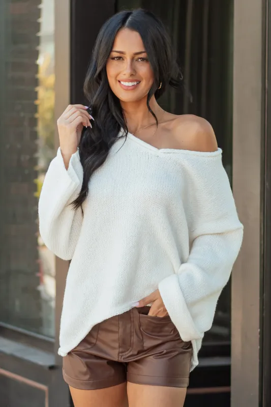 Lovelo Ivory V Neck Long Sleeve Chunky Knit Sweater sold by Lime Lush