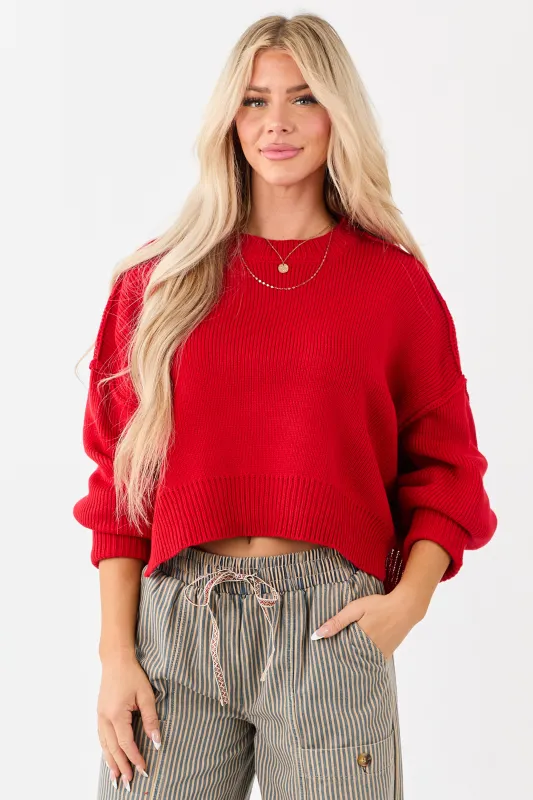 Lipstick Boxy Drop Shoulder Crop Rib Knit Sweater sold by Lime Lush