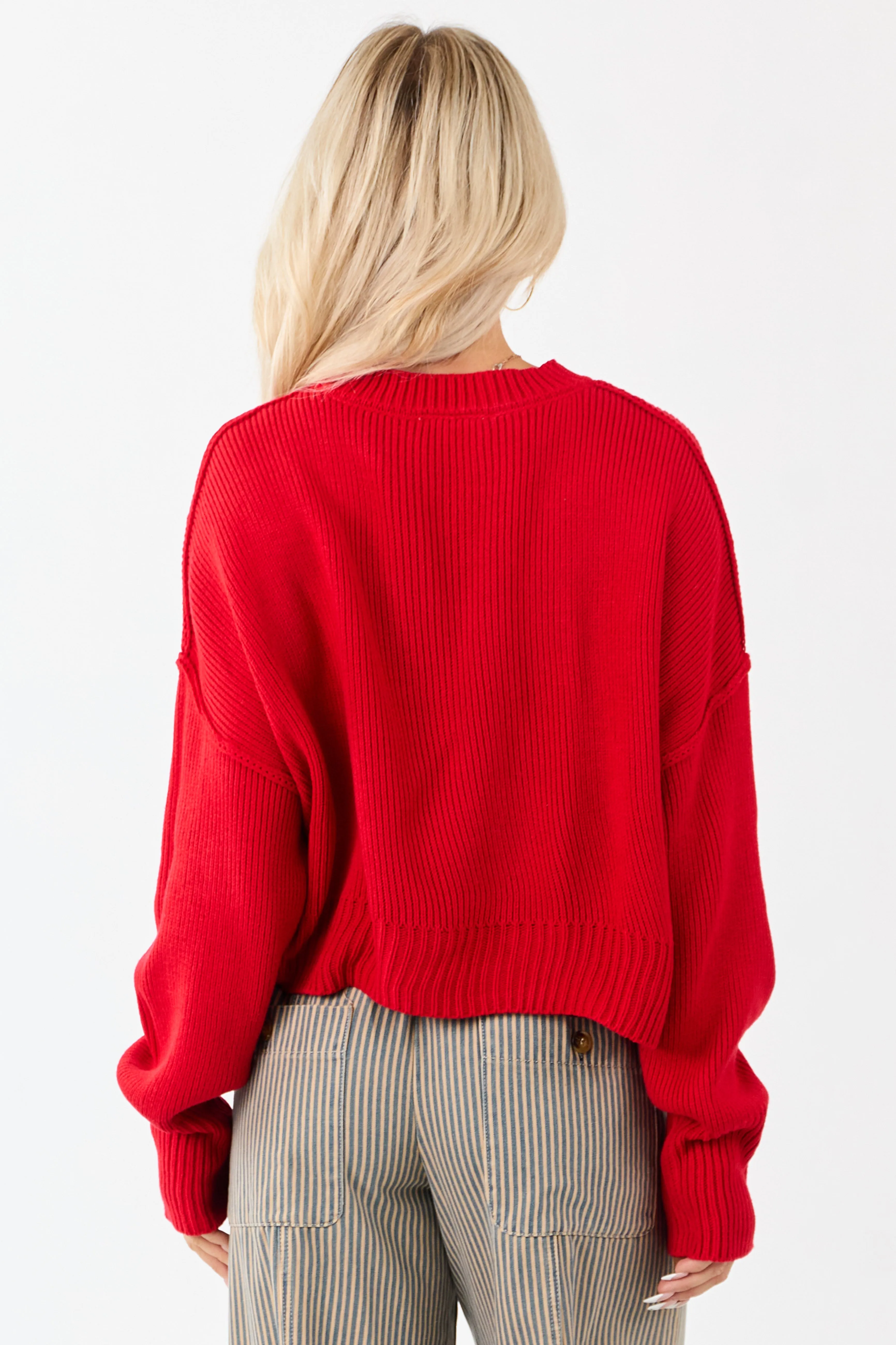 Lipstick Boxy Drop Shoulder Crop Rib Knit Sweater sold by Lime Lush product image thumbnail 5