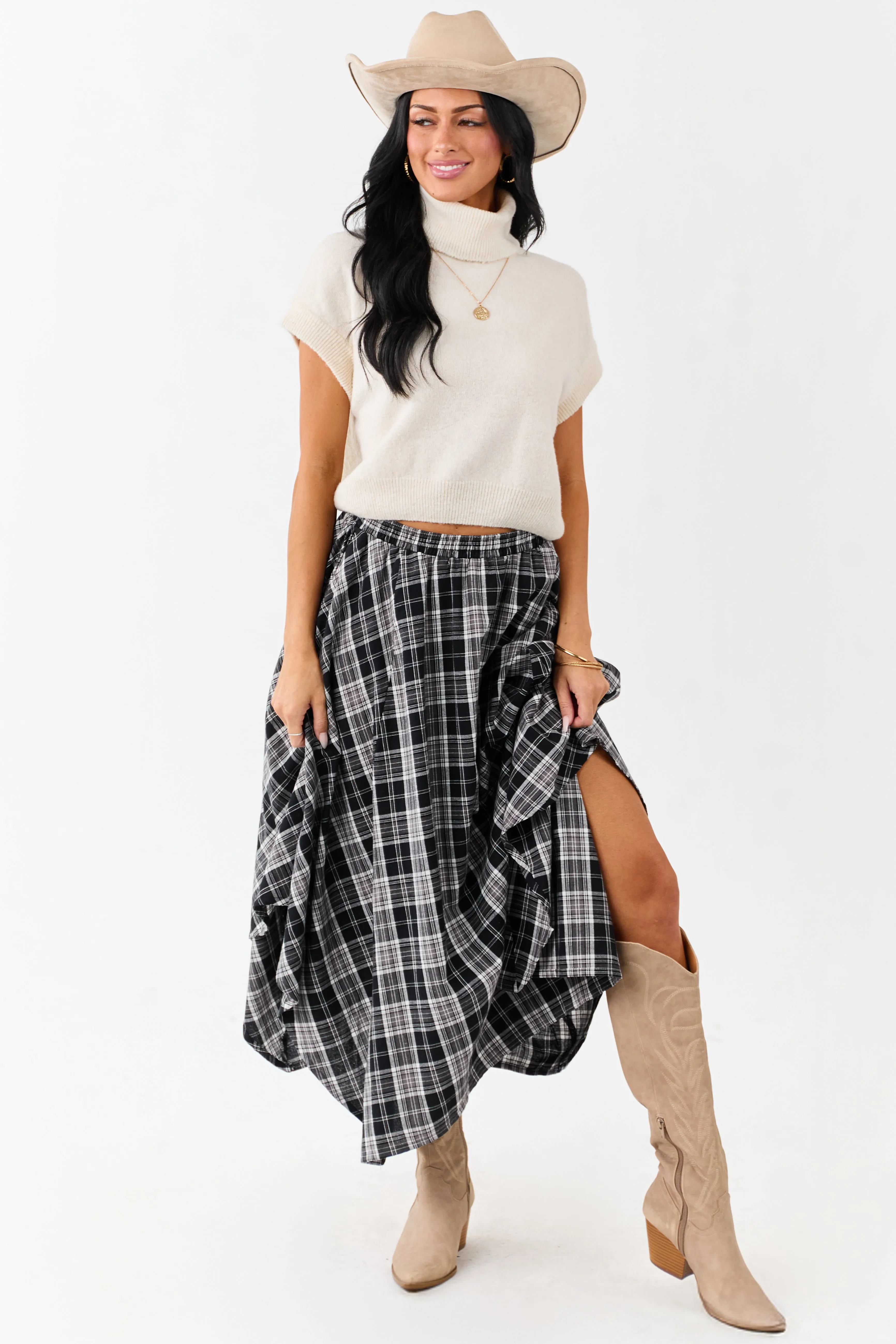 Black and Off White Plaid Cotton Midi Skirt sold by Lime Lush product image thumbnail 5