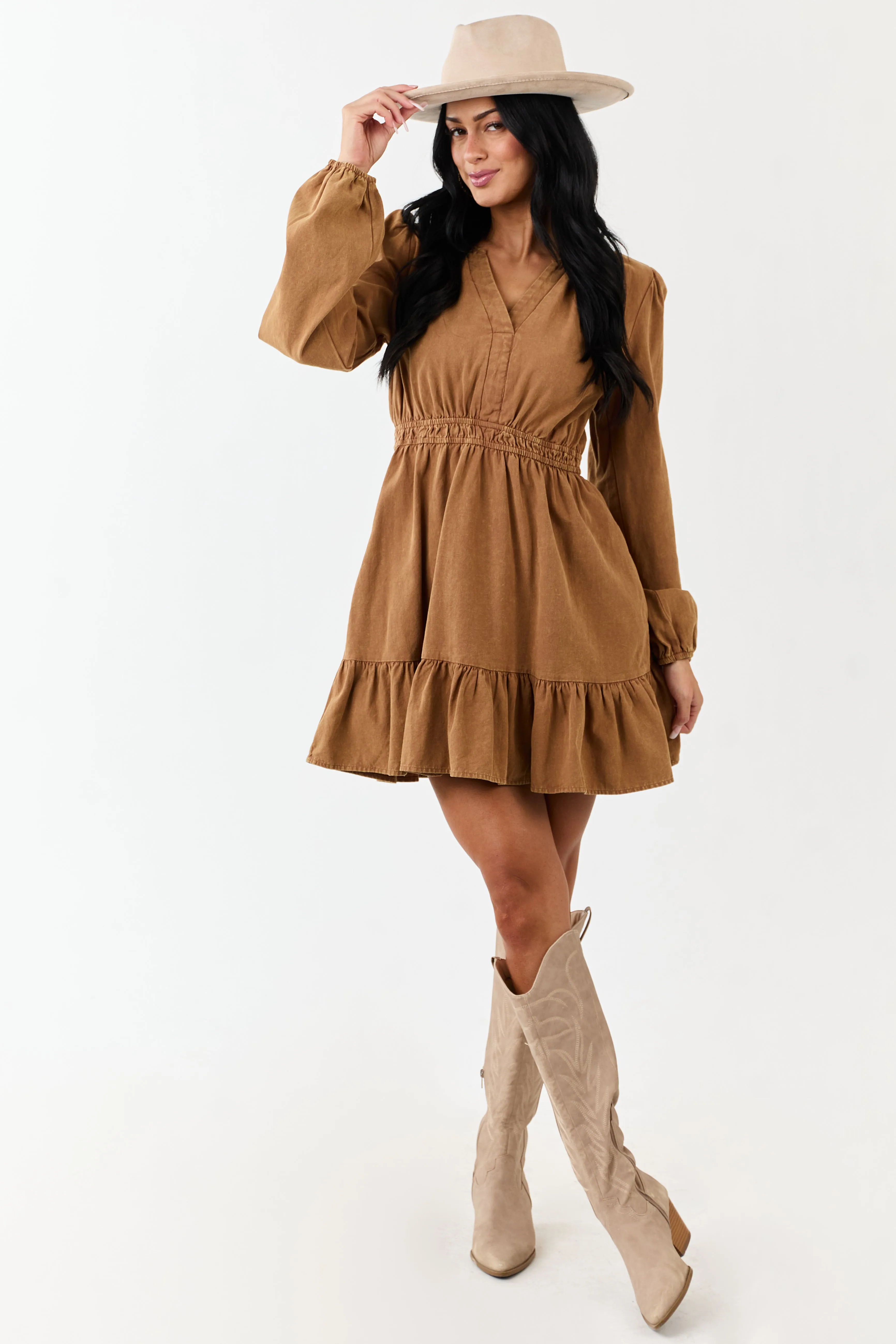 Copper Mineral Wash Denim Long Sleeve Mini Dress sold by Lime Lush product image thumbnail 2